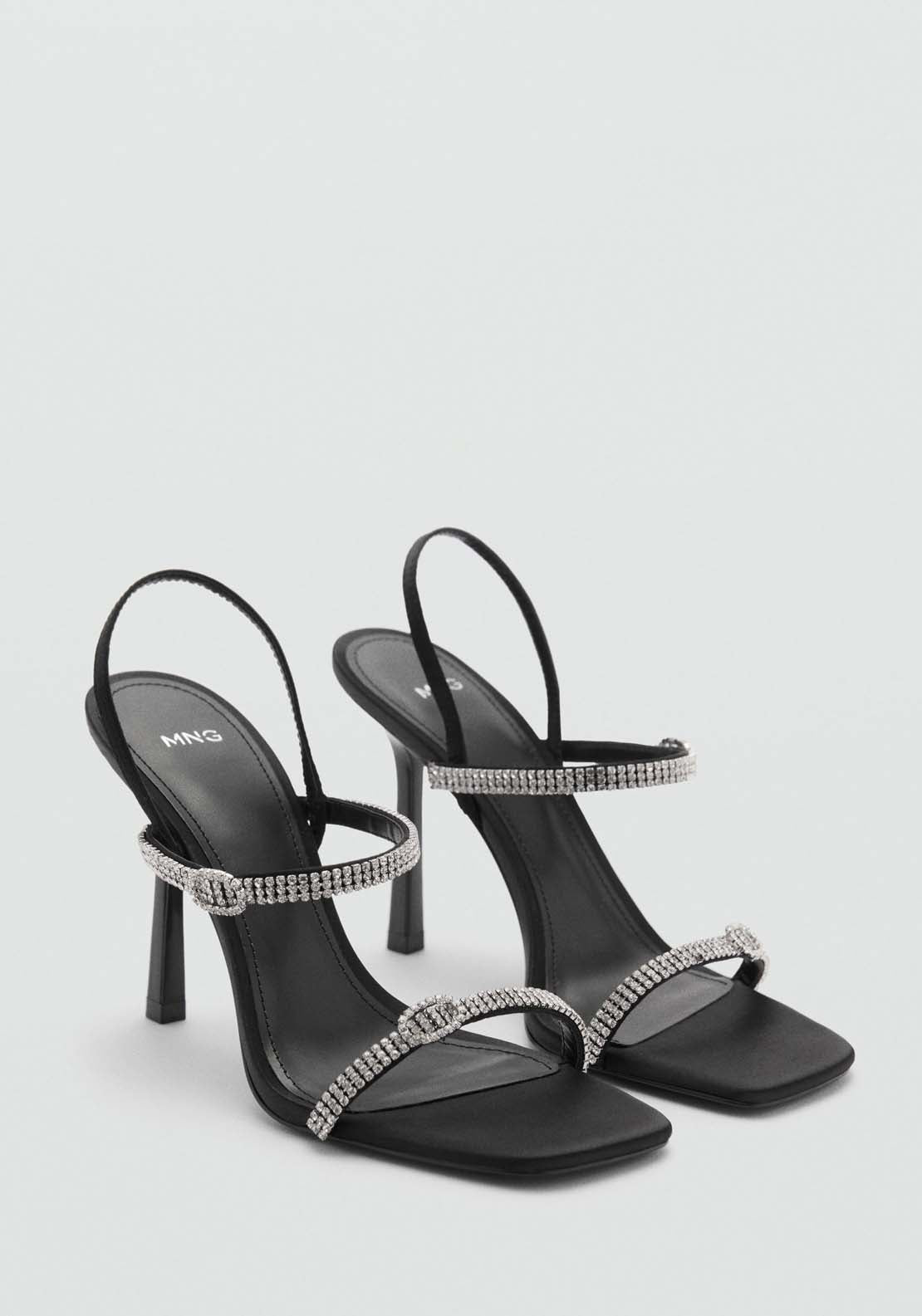 Mango Heeled sandal with strass strap - Black 1 Shaws Department Stores