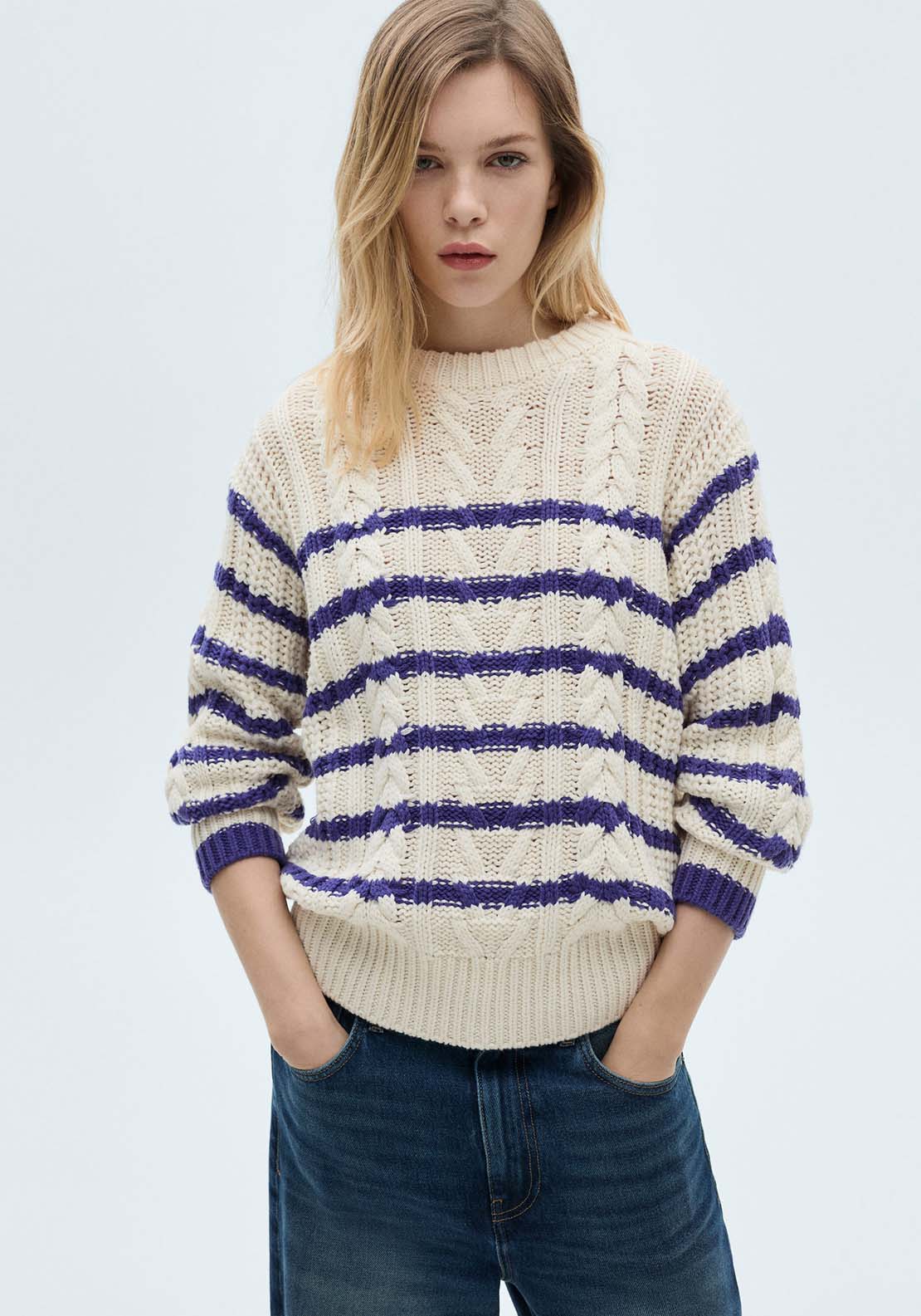 Mango Striped braided sweater - Light Beige 1 Shaws Department Stores