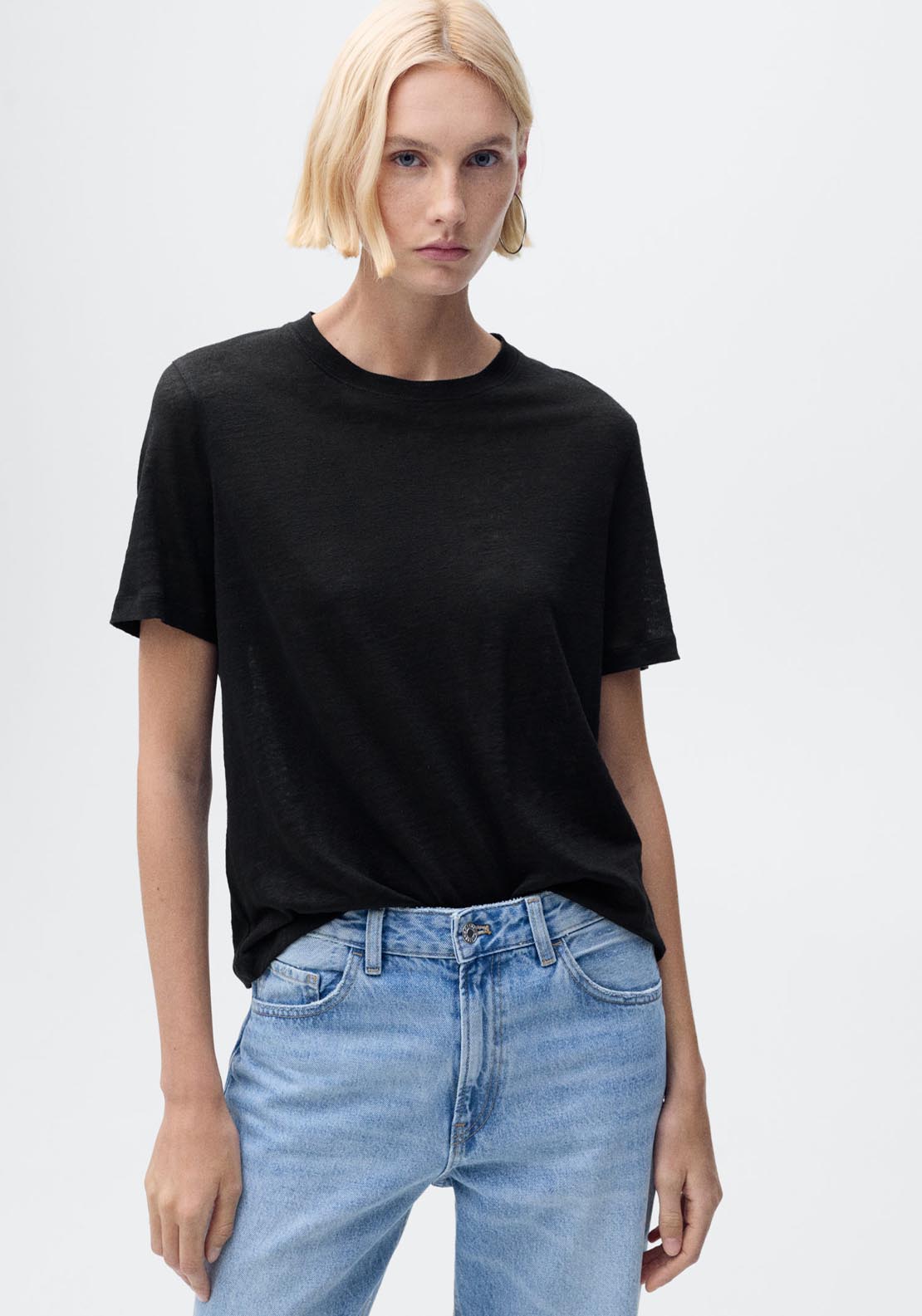 Mango Short Sleeve Linen T-Shirt - Black 1 Shaws Department Stores