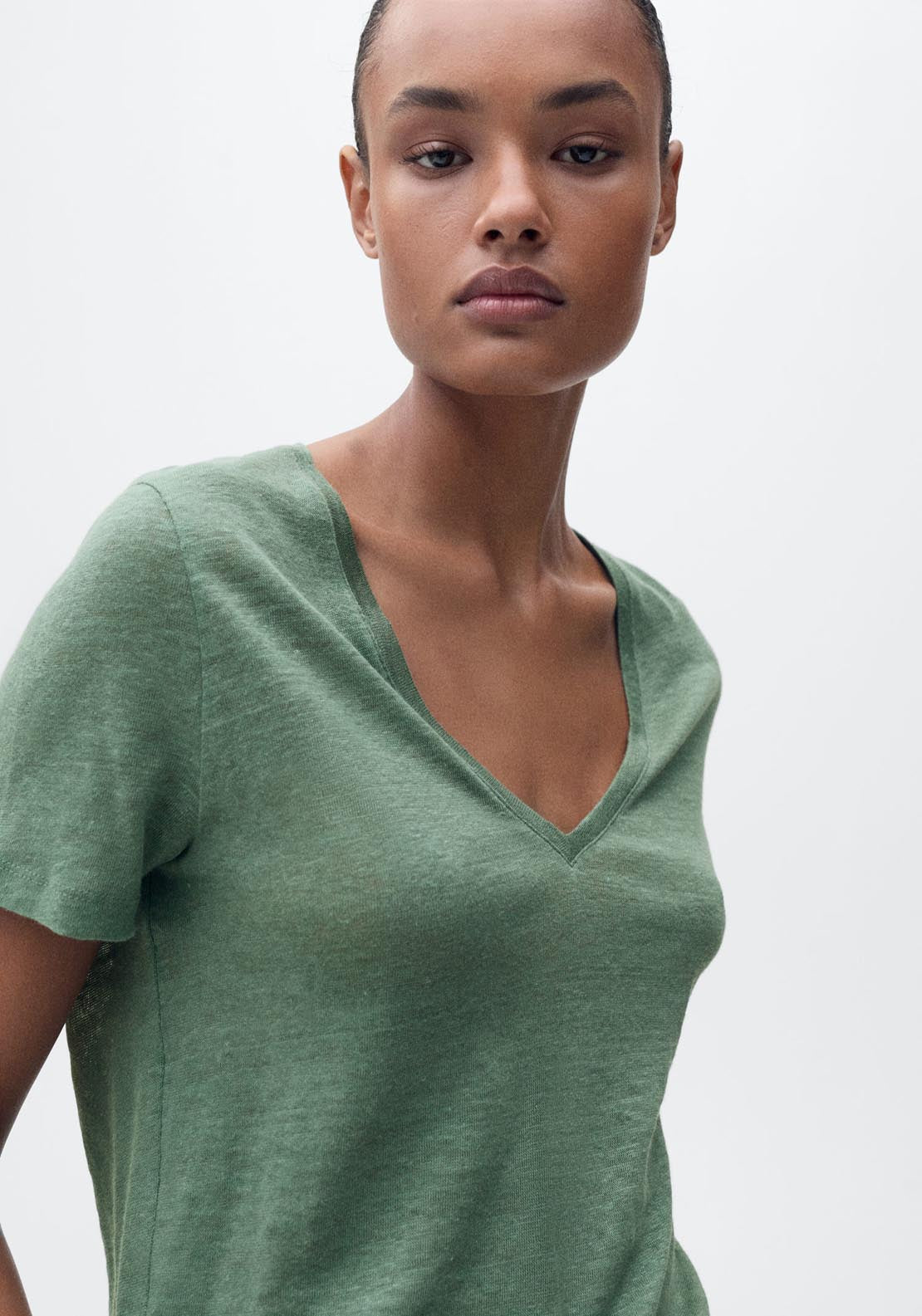 Mango V Neck Linen T-Shirt - Green 3 Shaws Department Stores