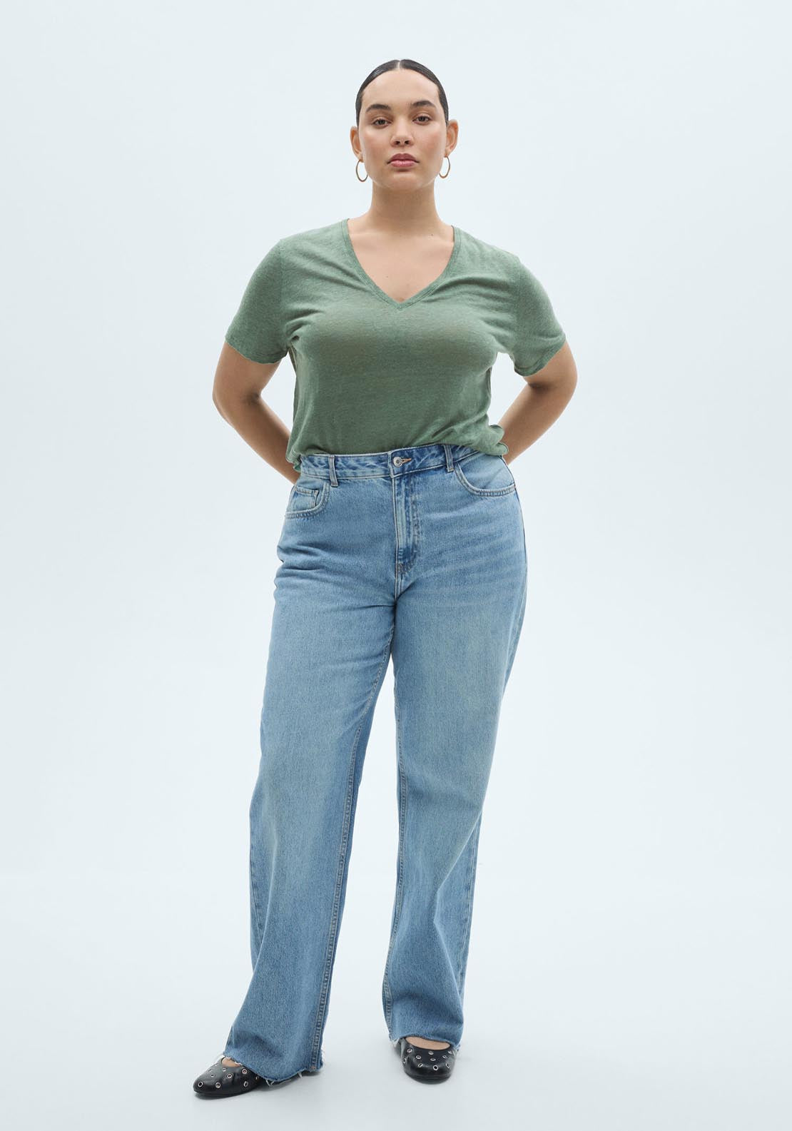 Mango V Neck Linen T-Shirt - Green 4 Shaws Department Stores