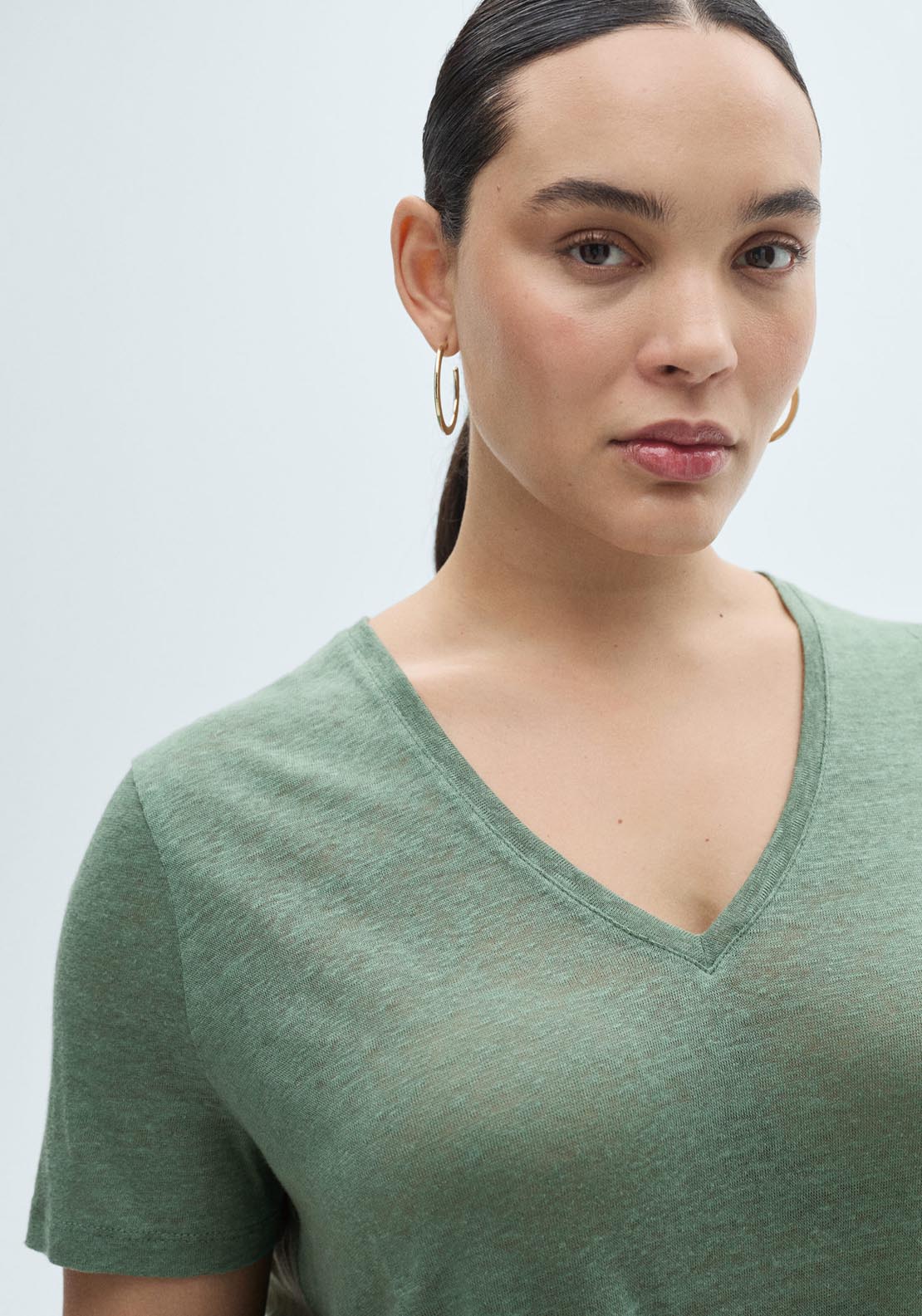 Mango V Neck Linen T-Shirt - Green 5 Shaws Department Stores