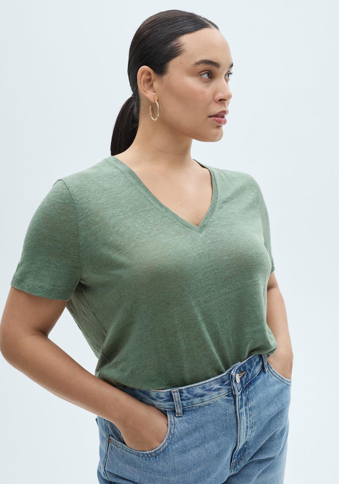 Mango V Neck Linen T-Shirt - Green 6 Shaws Department Stores