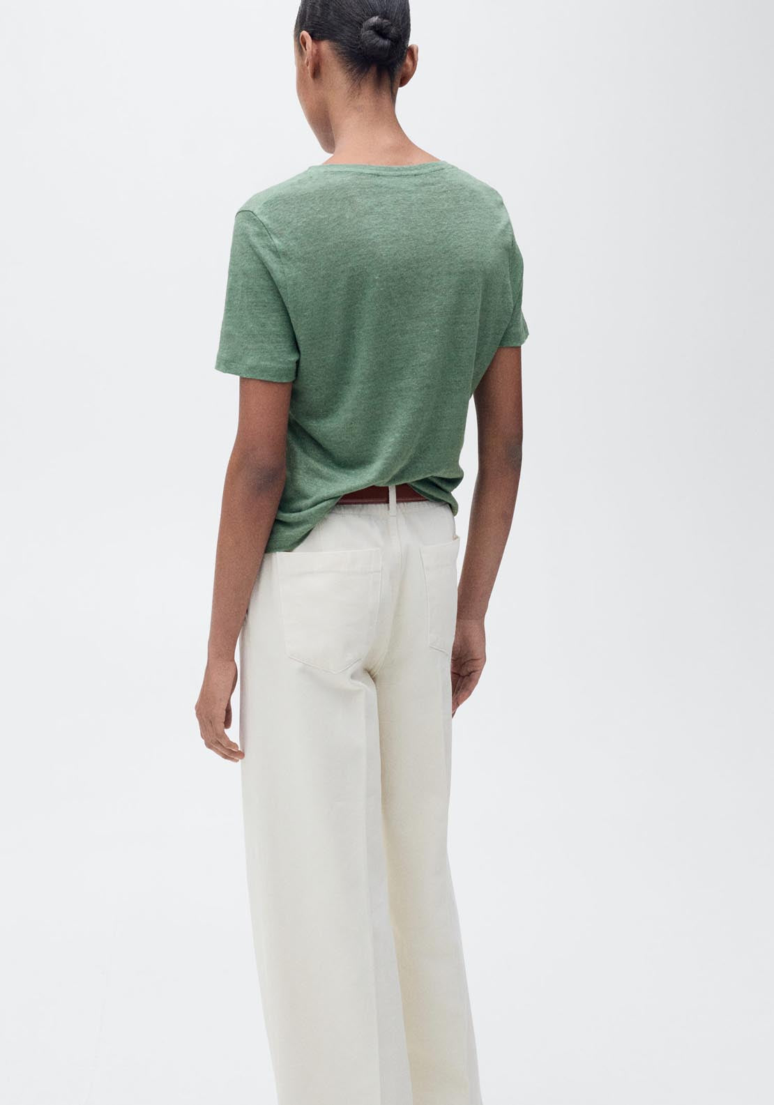 Mango V Neck Linen T-Shirt - Green 2 Shaws Department Stores