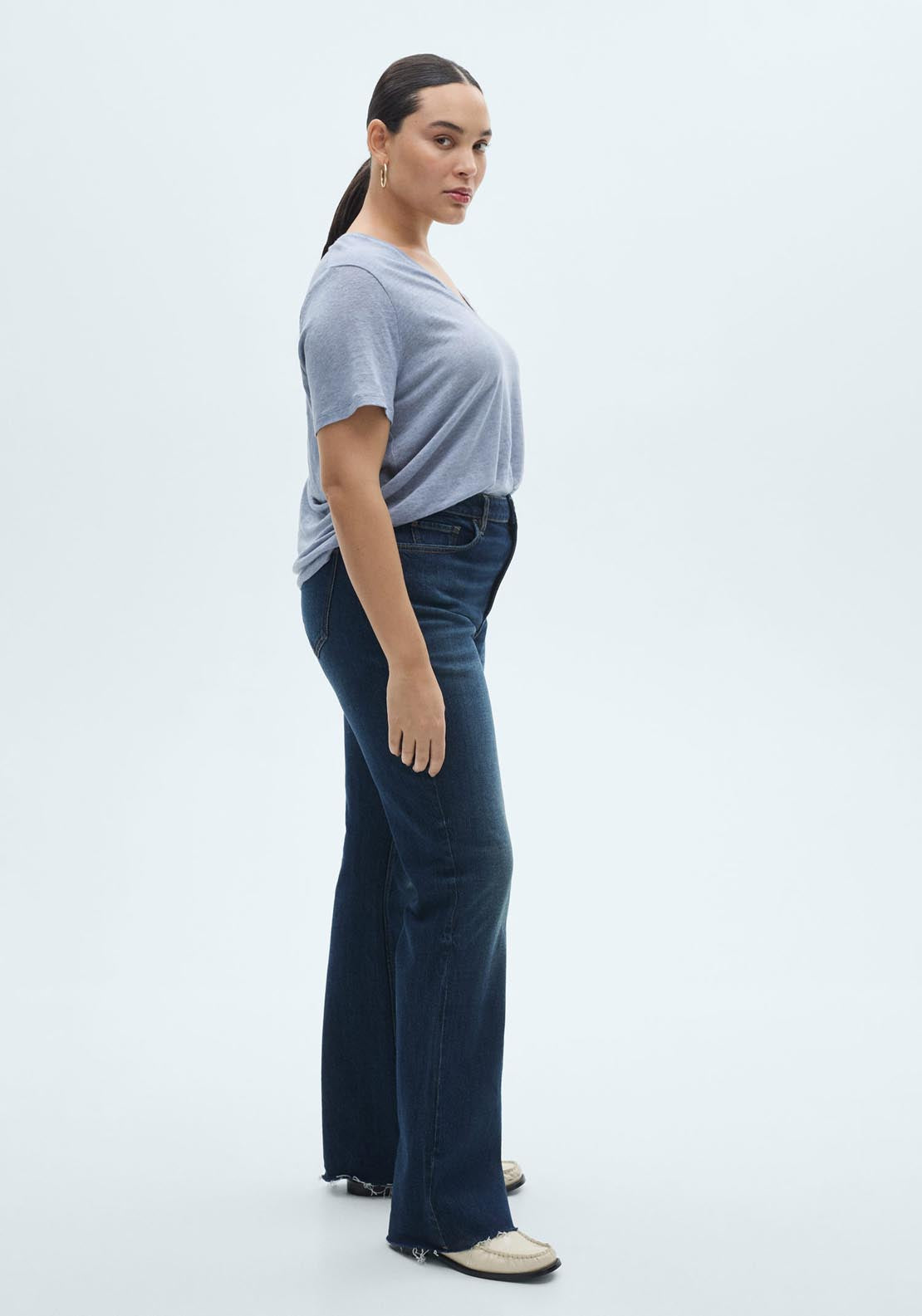 Mango V Neck Linen T-Shirt - Light/pastel Blue 4 Shaws Department Stores