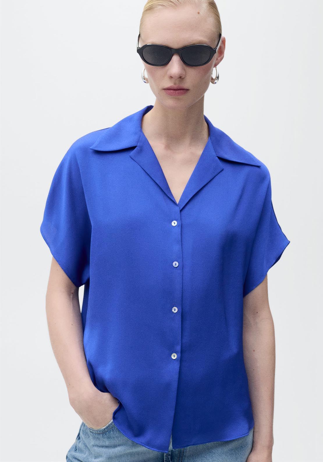 Mango Short Sleeve Satin Shirt - Dark Blue 1 Shaws Department Stores