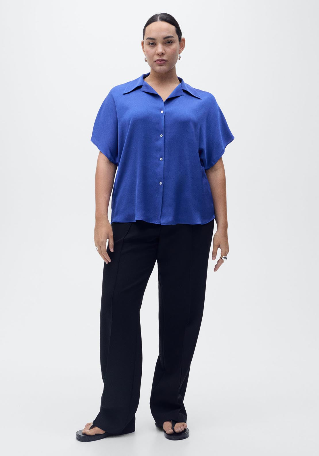 Mango Short Sleeve Satin Shirt - Dark Blue 4 Shaws Department Stores