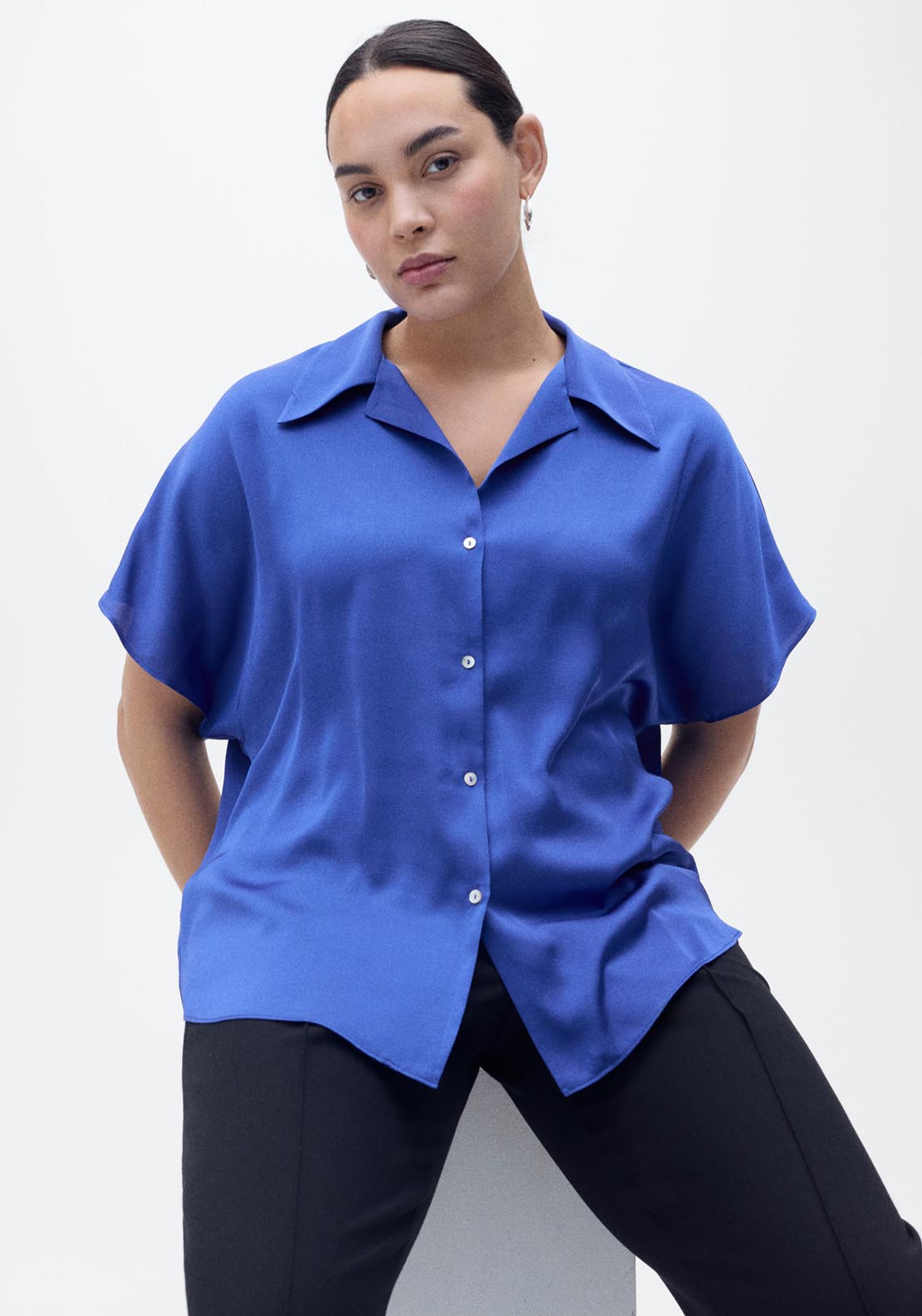 Mango Short Sleeve Satin Shirt - Dark Blue 8 Shaws Department Stores