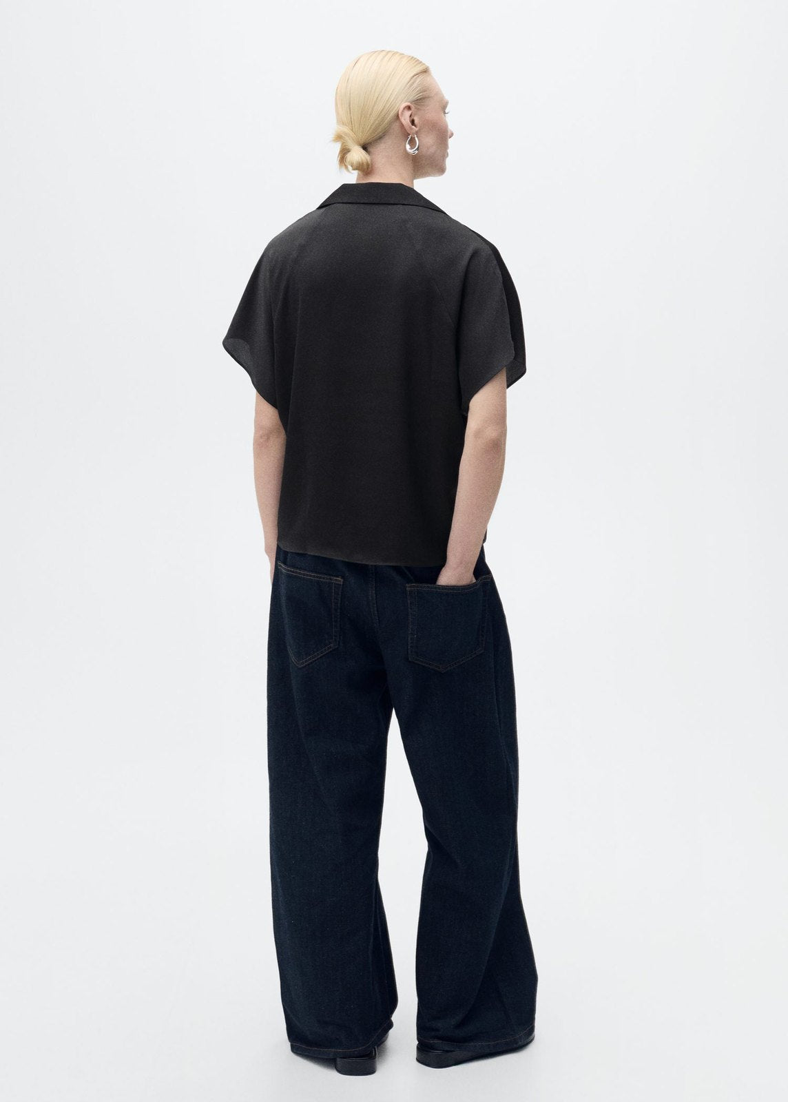 Mango Short-sleeved satin shirt - Black 2 Shaws Department Stores