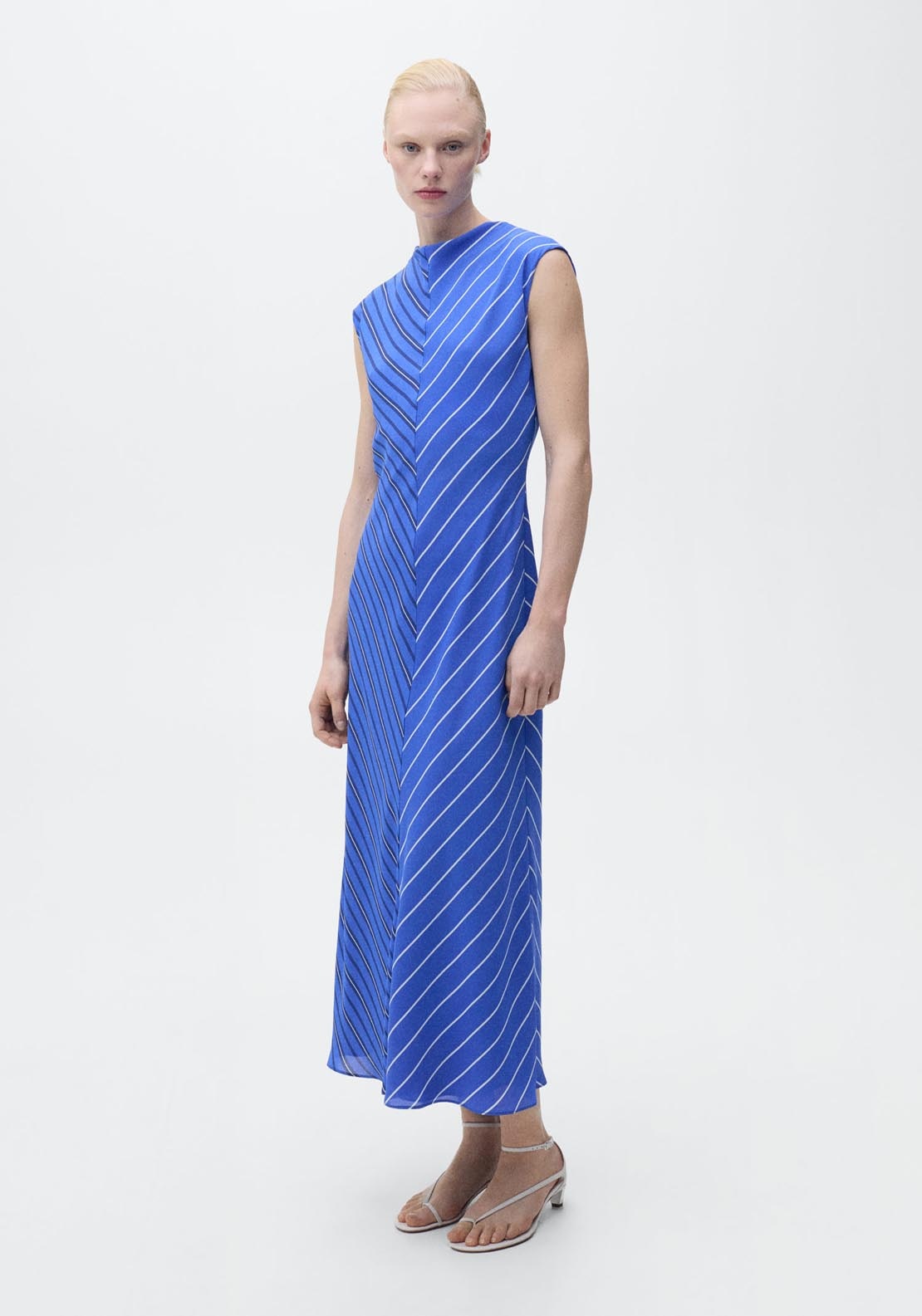 Mango Combined Striped Flared Dress - Medium Blue 1 Shaws Department Stores