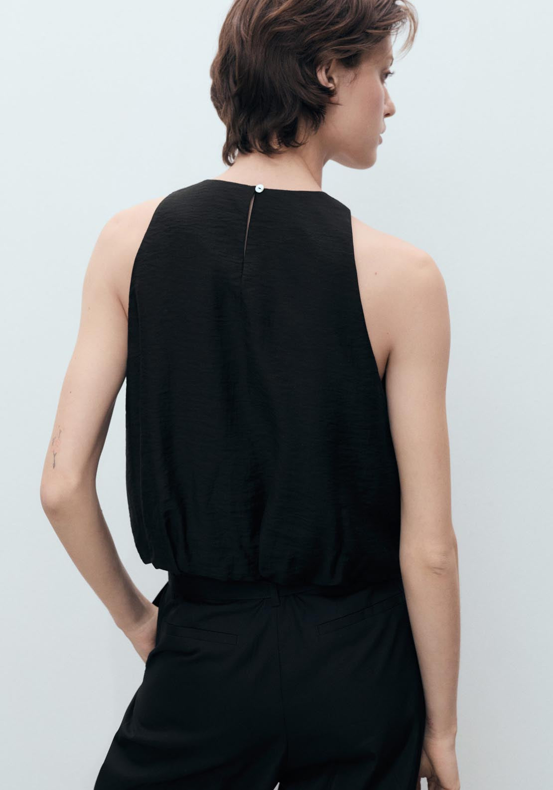Mango Lyocell Blend Top With Puffed Hem - Black 1 Shaws Department Stores
