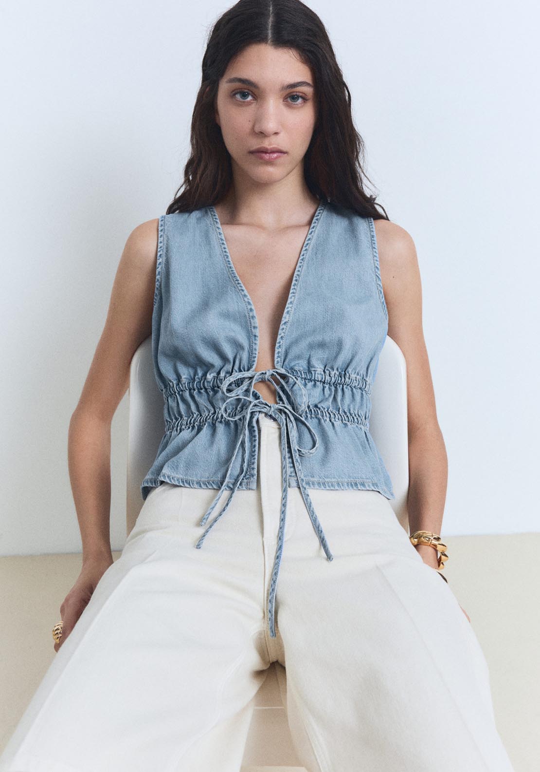Mango Lyocell Top With Tie Closure - Open Blue 3 Shaws Department Stores