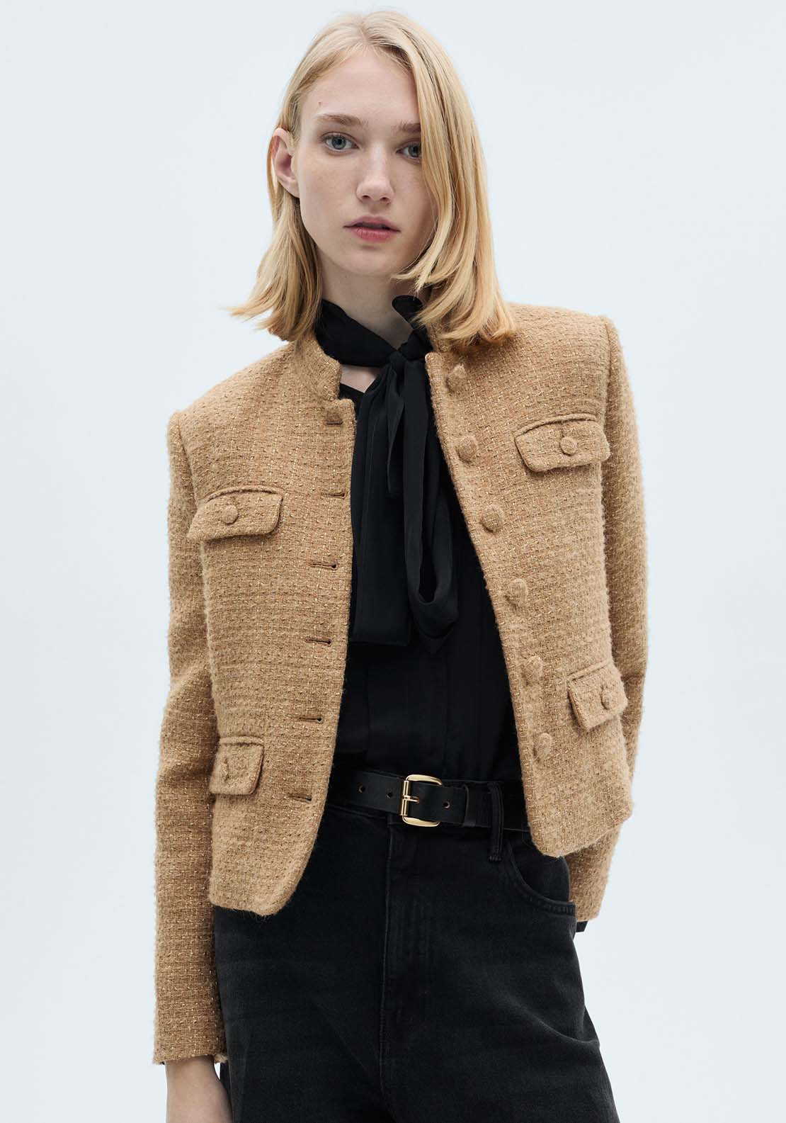 Mango Mandarin collar tweed jacket - Medium Brown 1 Shaws Department Stores