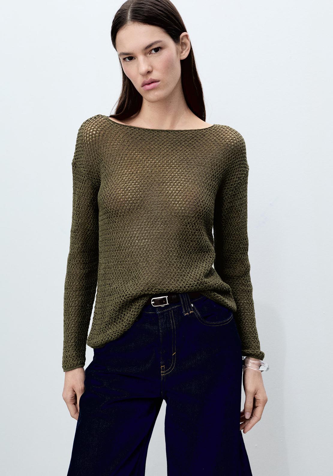 Mango Openwork knit boat neck sweater - Beige/khaki 1 Shaws Department Stores