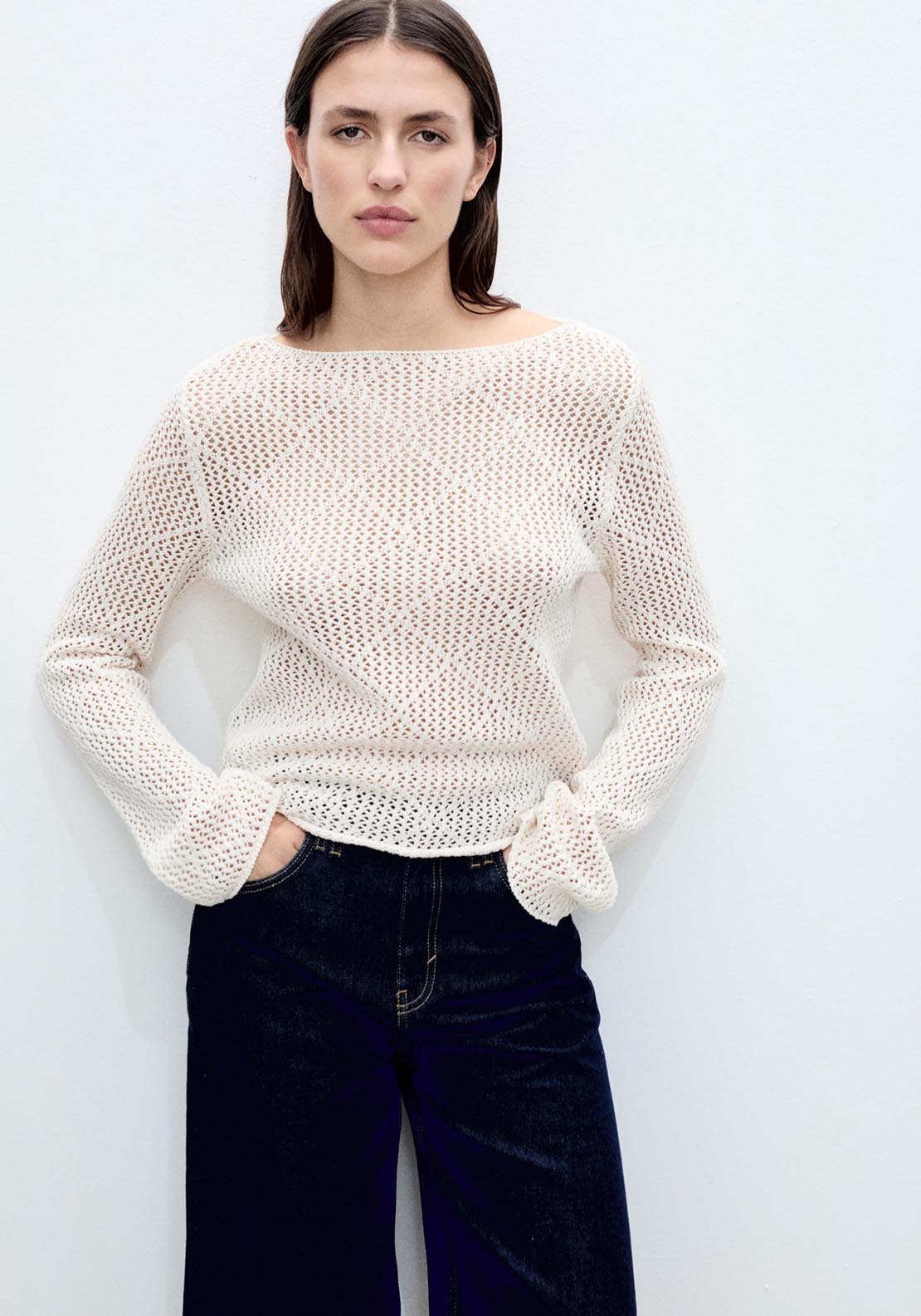 Mango Openwork knit cotton sweater - Light Beige 1 Shaws Department Stores
