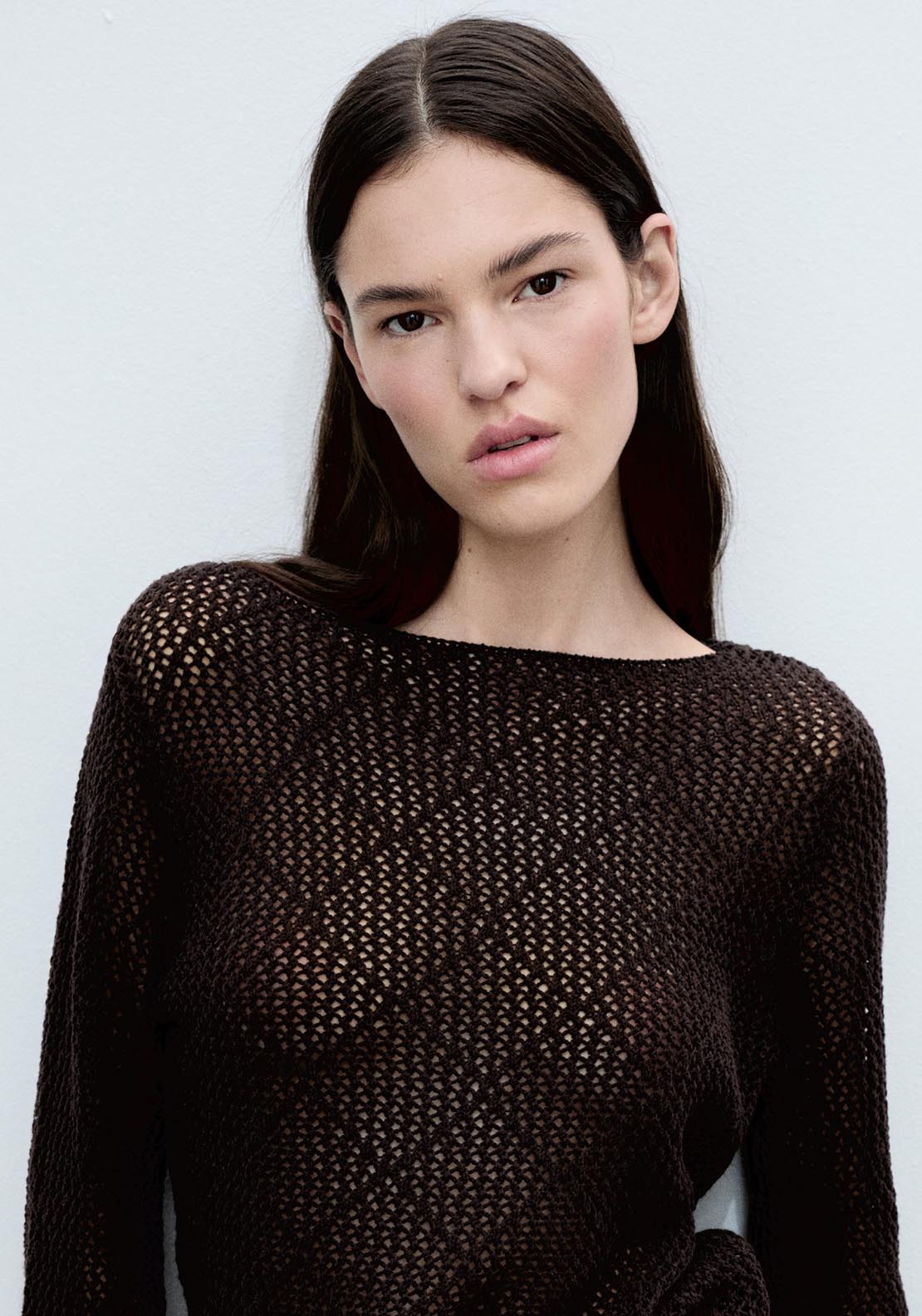 Mango Openwork knit cotton sweater - Dark Brown 3 Shaws Department Stores