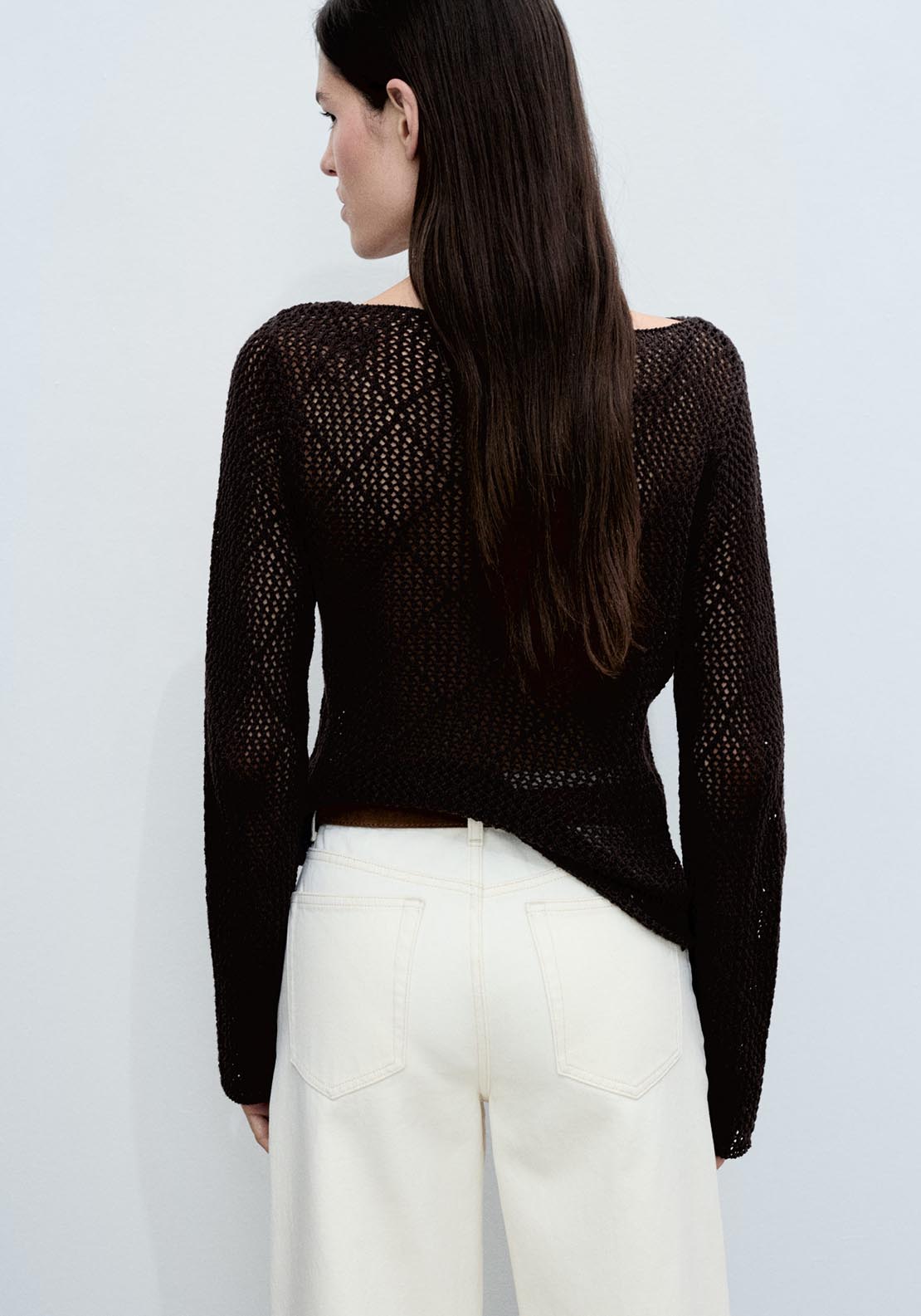 Mango Openwork knit cotton sweater - Dark Brown 2 Shaws Department Stores