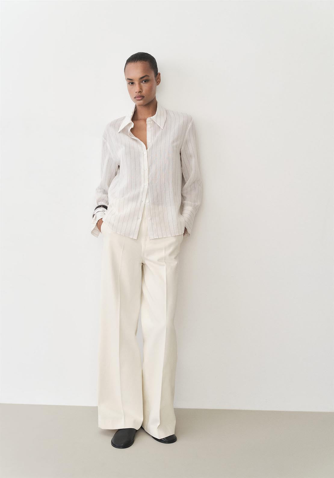 Mango High-waisted wide-leg cotton pants - Light Beige 2 Shaws Department Stores