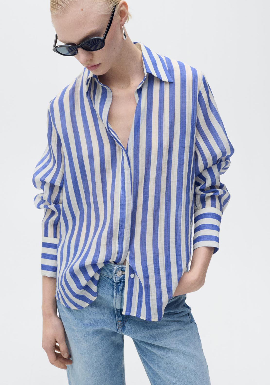 Mango Striped Lyocell Shirt - Light/pastel Blue 1 Shaws Department Stores