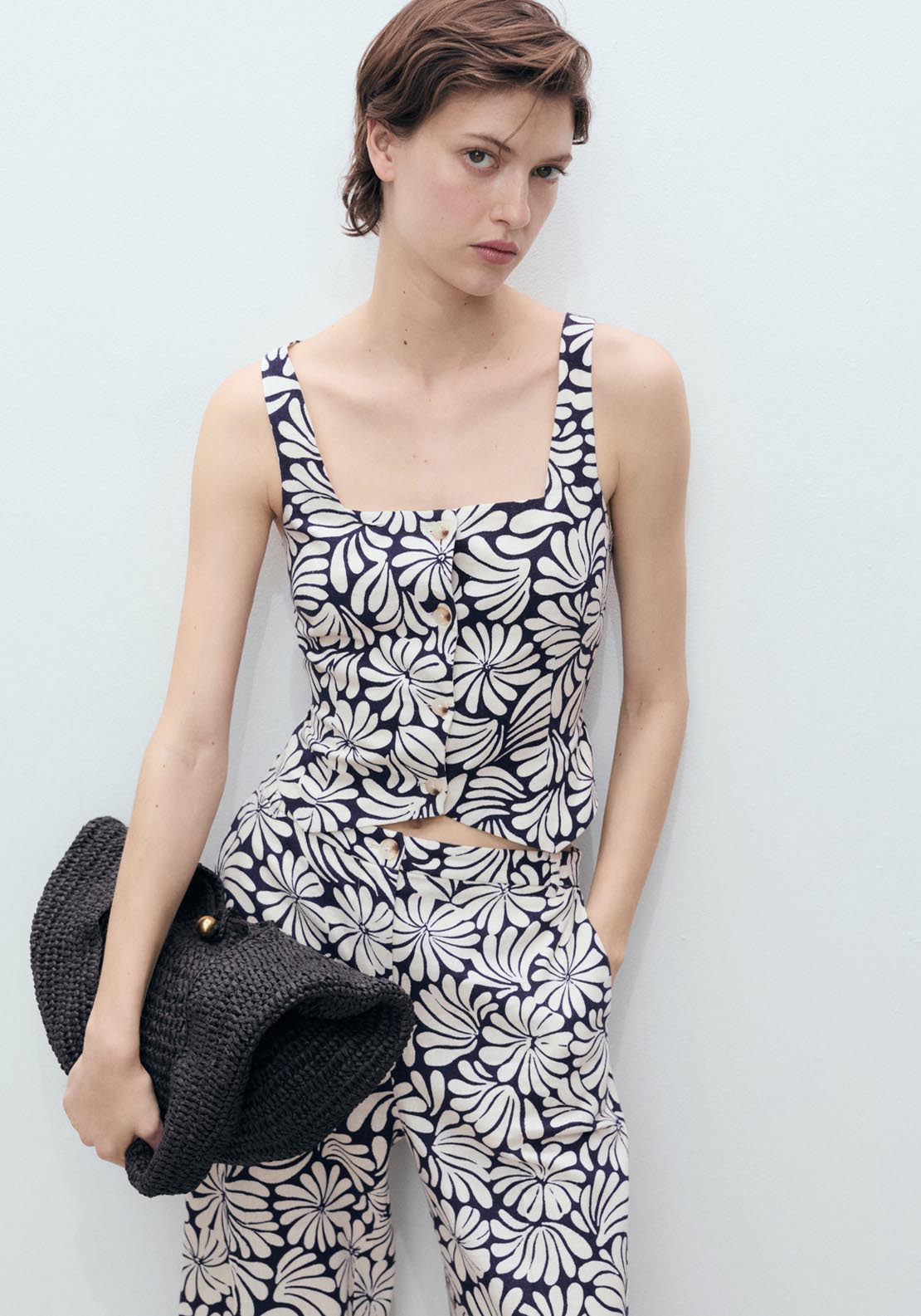 Mango Floral Fitted Linen Top - Light Beige 1 Shaws Department Stores