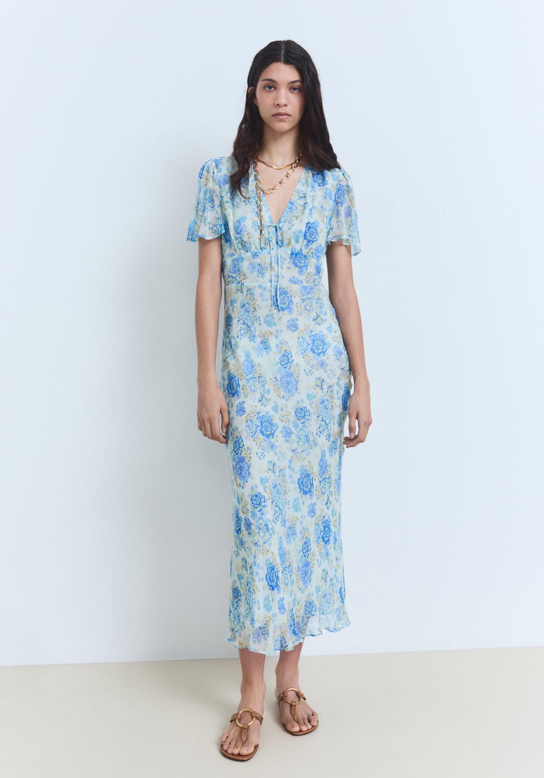 Mango Long Floral Dress With Short Sleeves - Medium Blue 1 Shaws Department Stores