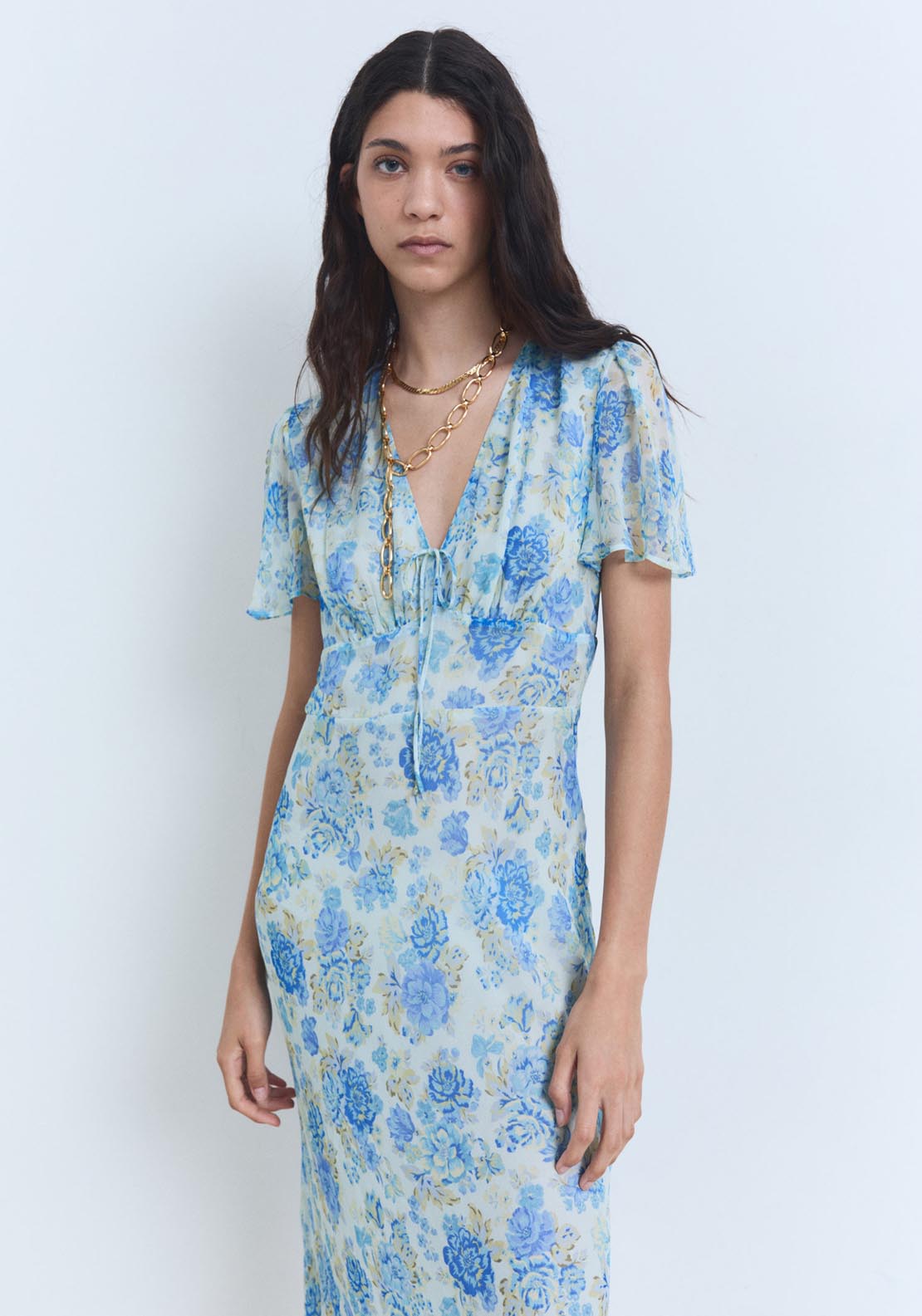 Mango Long Floral Dress With Short Sleeves - Medium Blue 3 Shaws Department Stores
