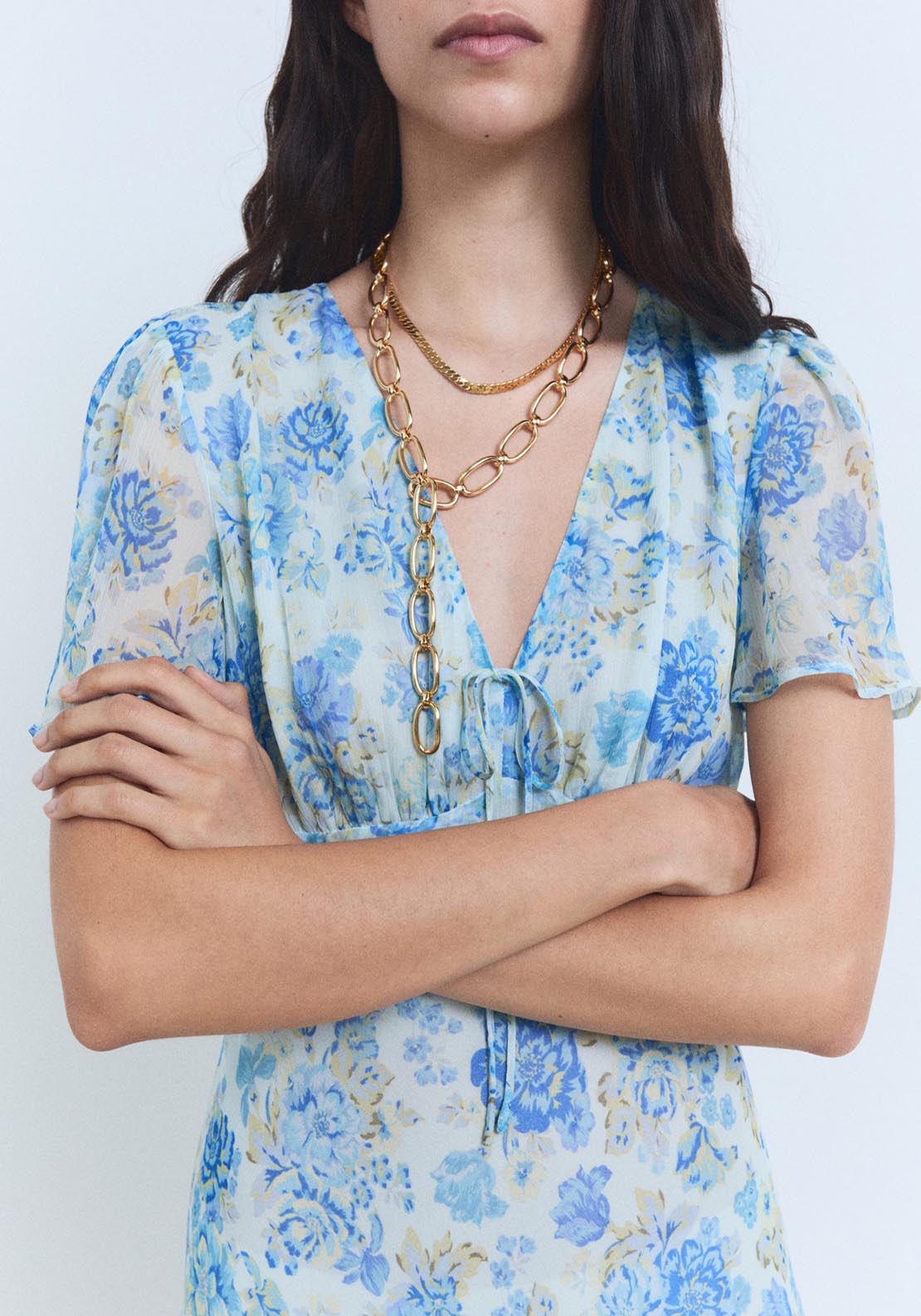 Mango Long Floral Dress With Short Sleeves - Medium Blue 4 Shaws Department Stores