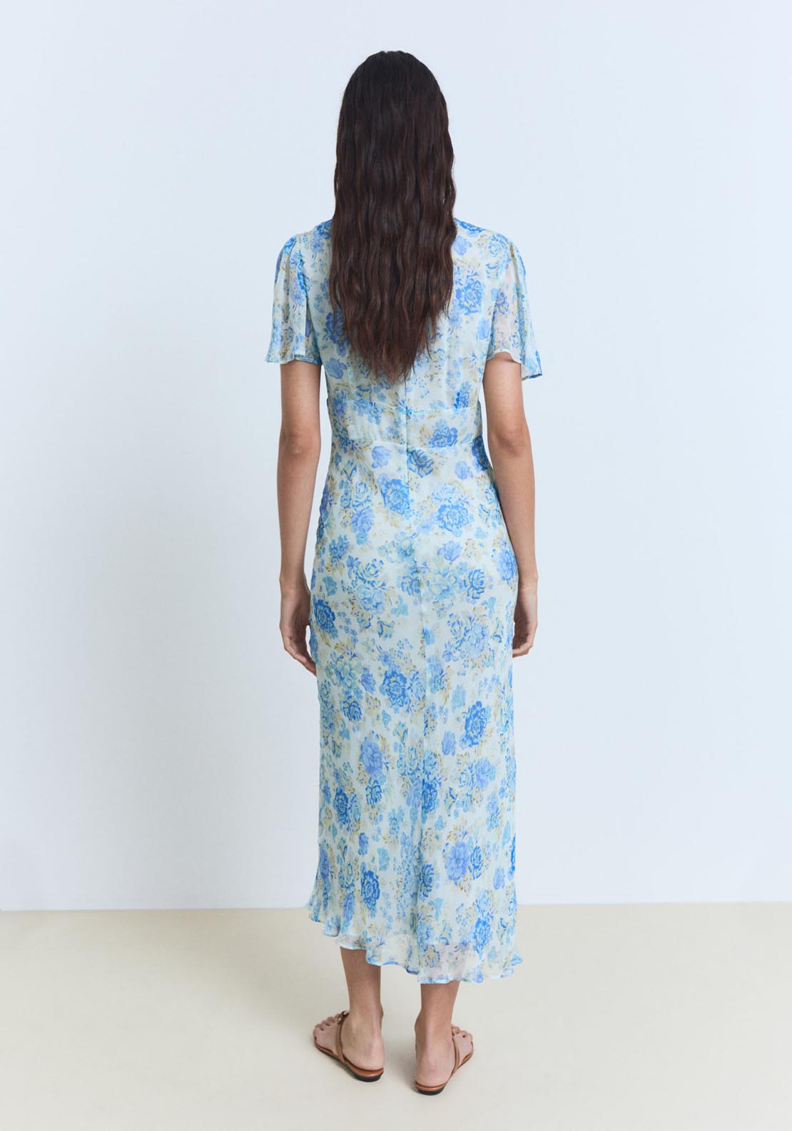 Mango Long Floral Dress With Short Sleeves - Medium Blue 2 Shaws Department Stores