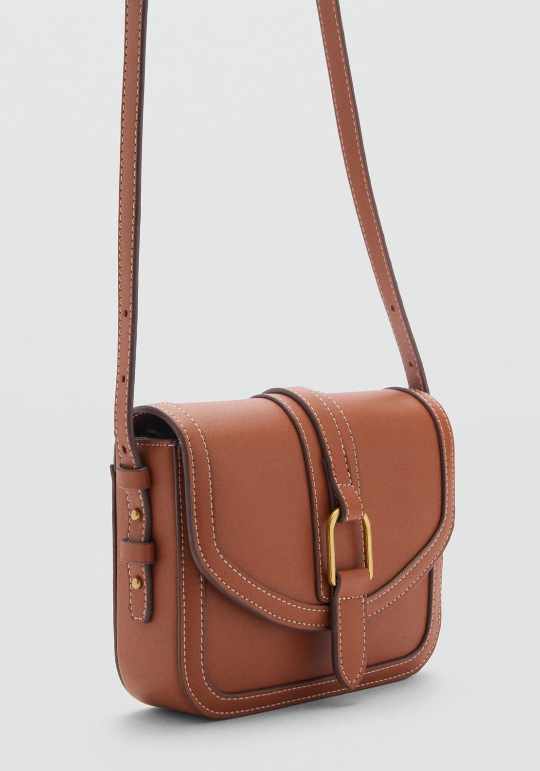Mango Leather Effect Shoulder Bag With Buckle - Medium Brown 2 Shaws Department Stores