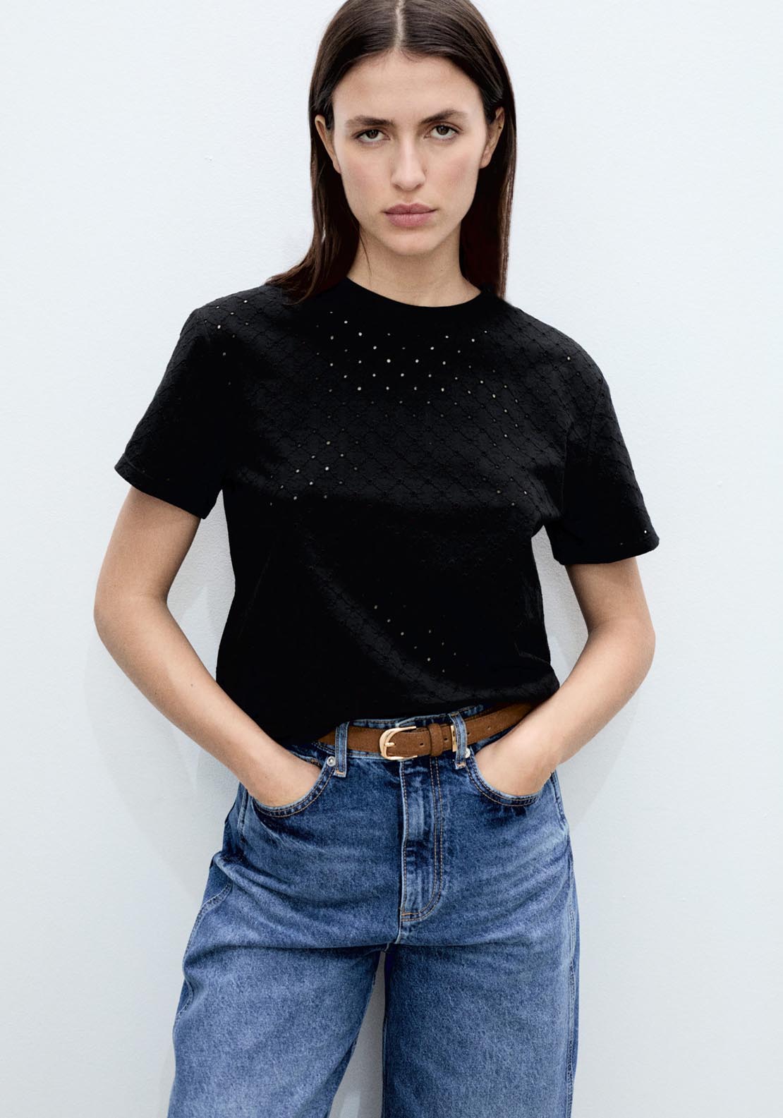 Mango Embroidered Openwork T-Shirt - Black 1 Shaws Department Stores