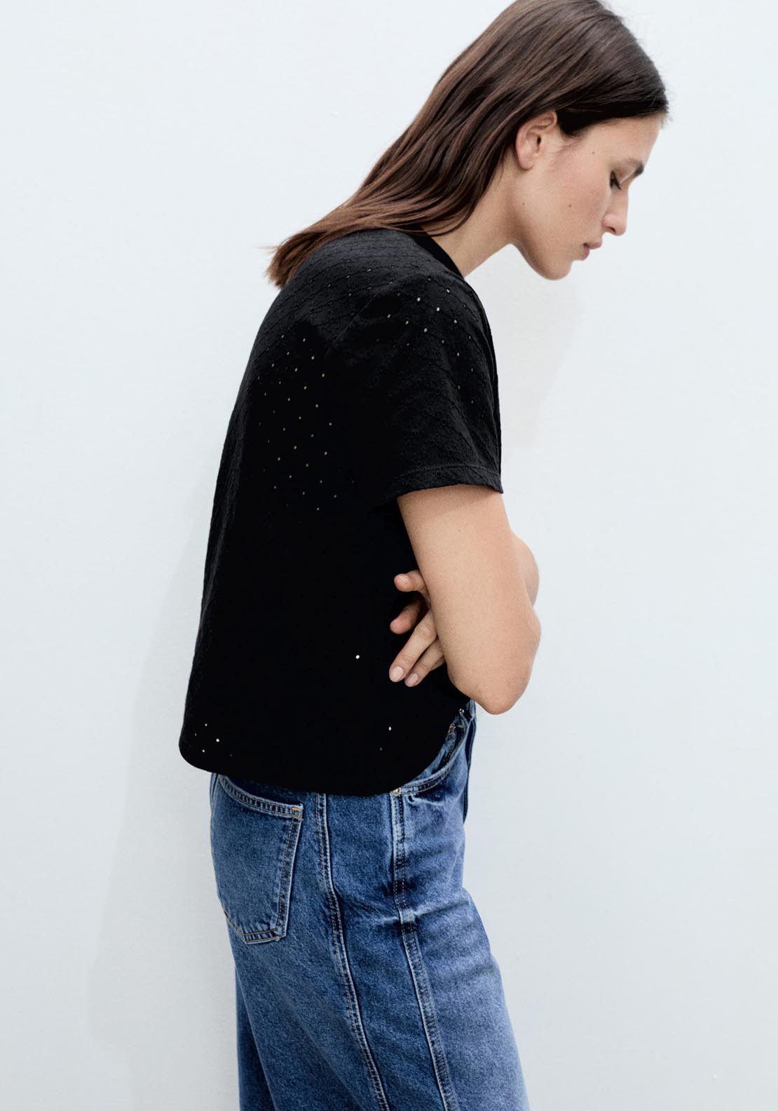 Mango Embroidered Openwork T-Shirt - Black 3 Shaws Department Stores