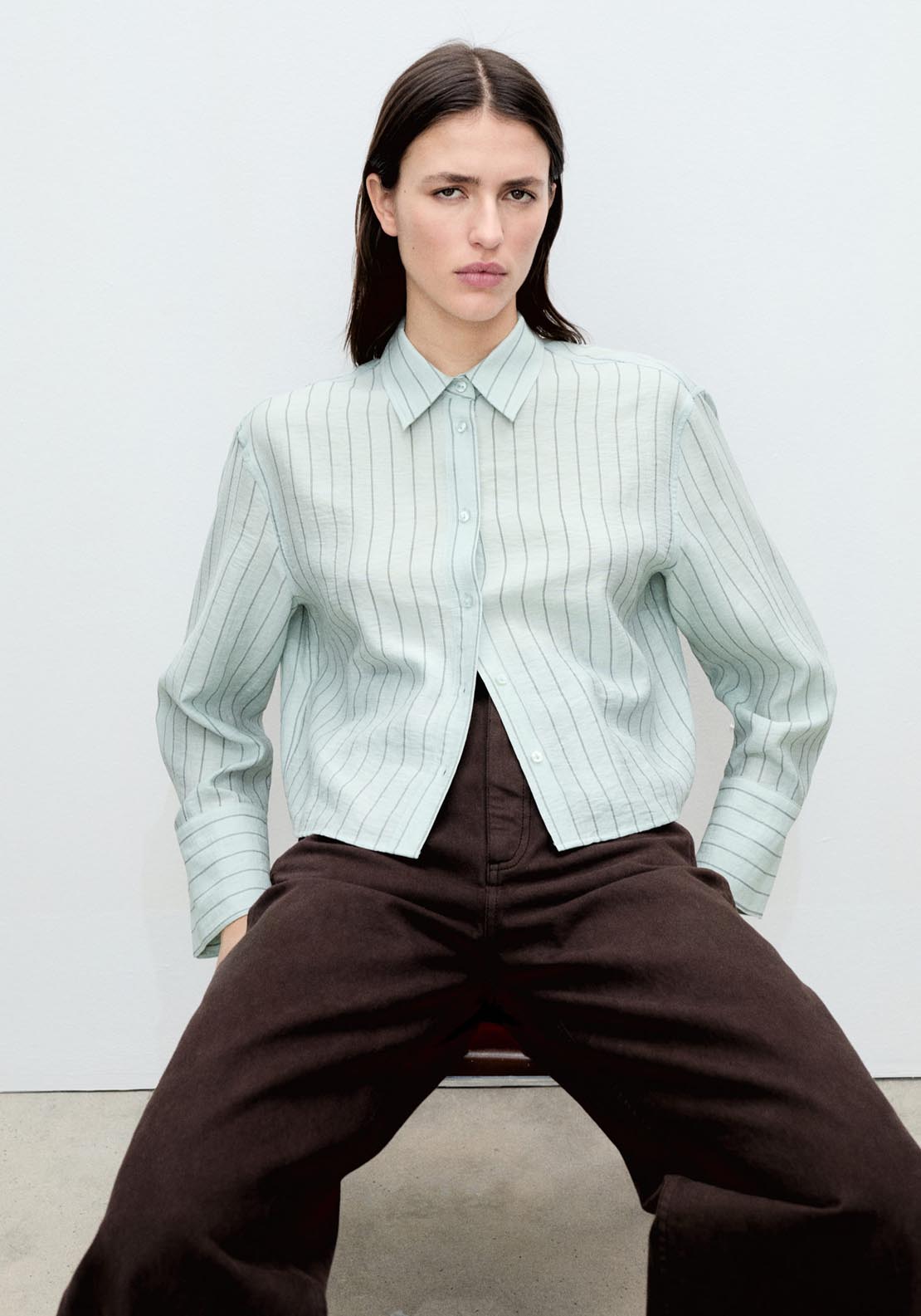 Mango Striped Cropped Shirt - Green 5 Shaws Department Stores