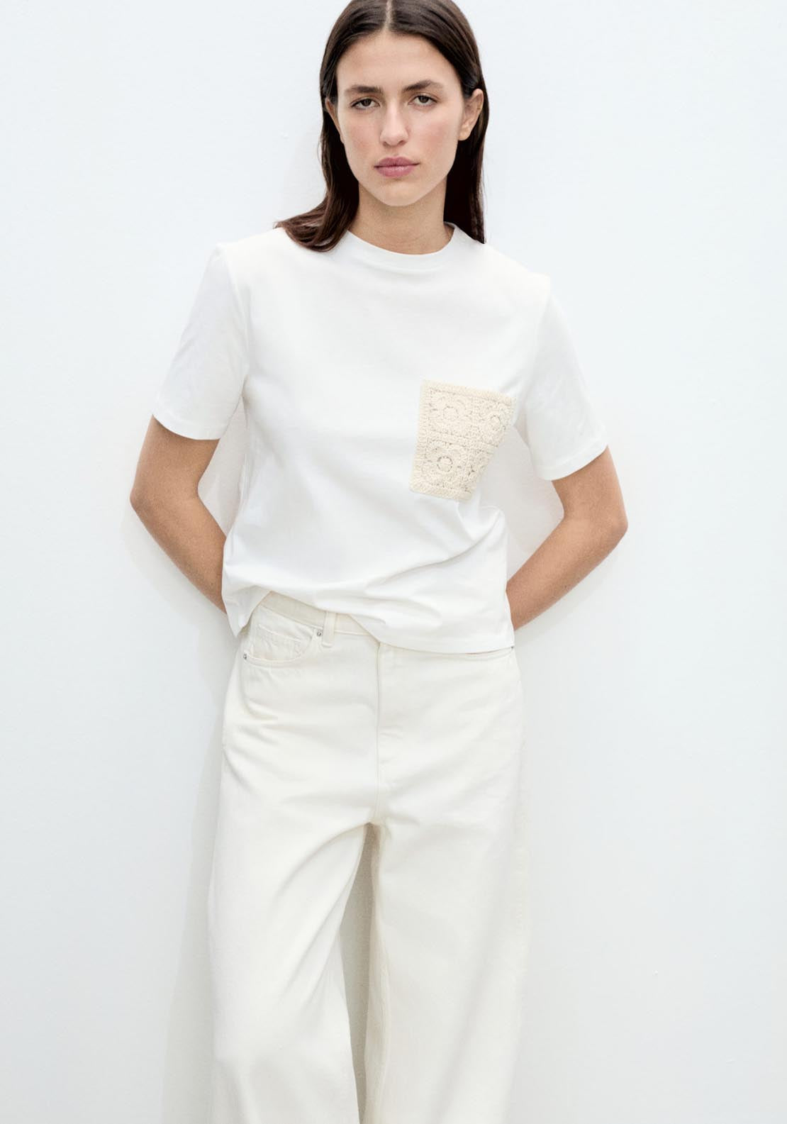 Mango Short Sleeve T-Shirt With Crochet Pocket - White 1 Shaws Department Stores