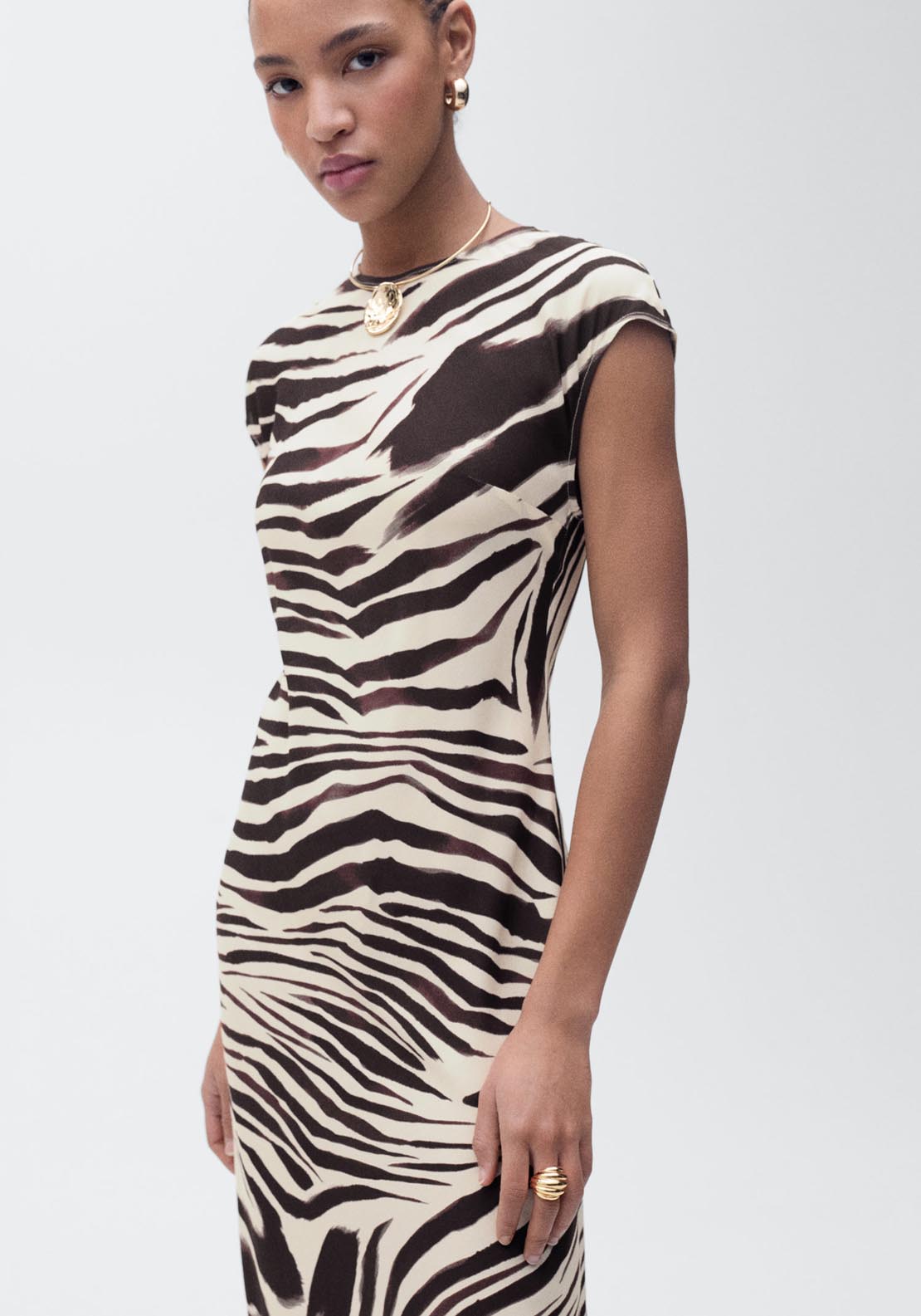 Mango Zebra Print Midi Dress - Light Beige 4 Shaws Department Stores
