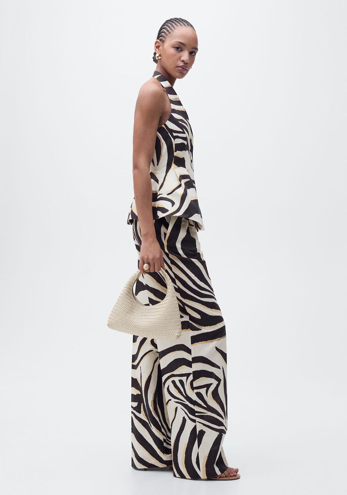 Mango Zebra pleated wide leg trousers - Light Beige 2 Shaws Department Stores