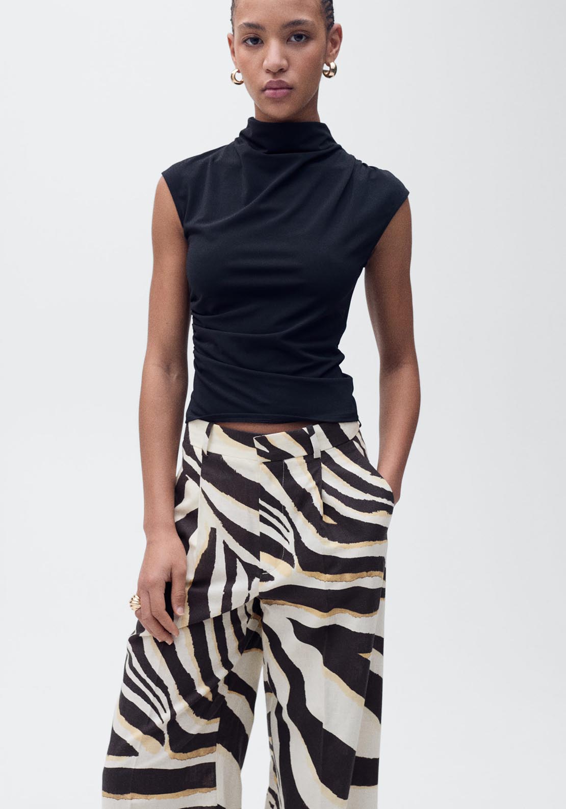 Mango Zebra pleated wide leg trousers - Light Beige 1 Shaws Department Stores