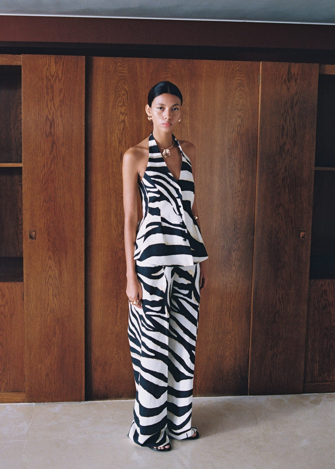 Mango Zebra pleated wide leg trousers - Light Beige 9 Shaws Department Stores