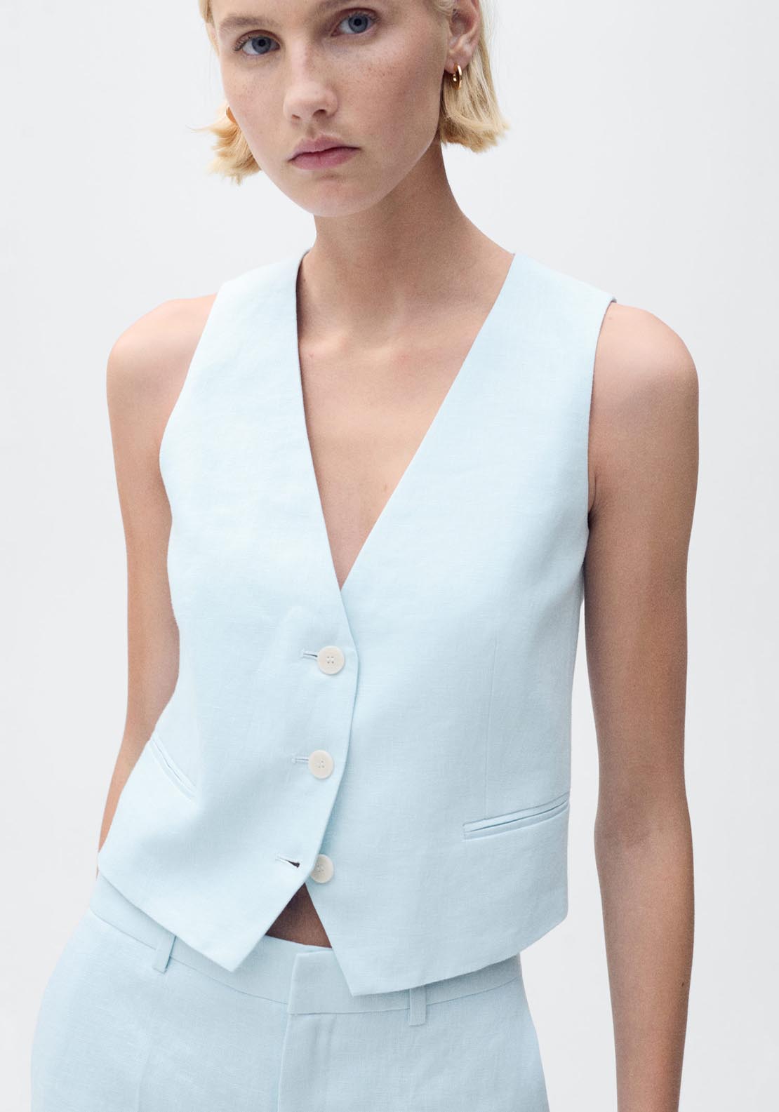 Mango Linen Suit Waistcoat - Light/pastel Blue 1 Shaws Department Stores