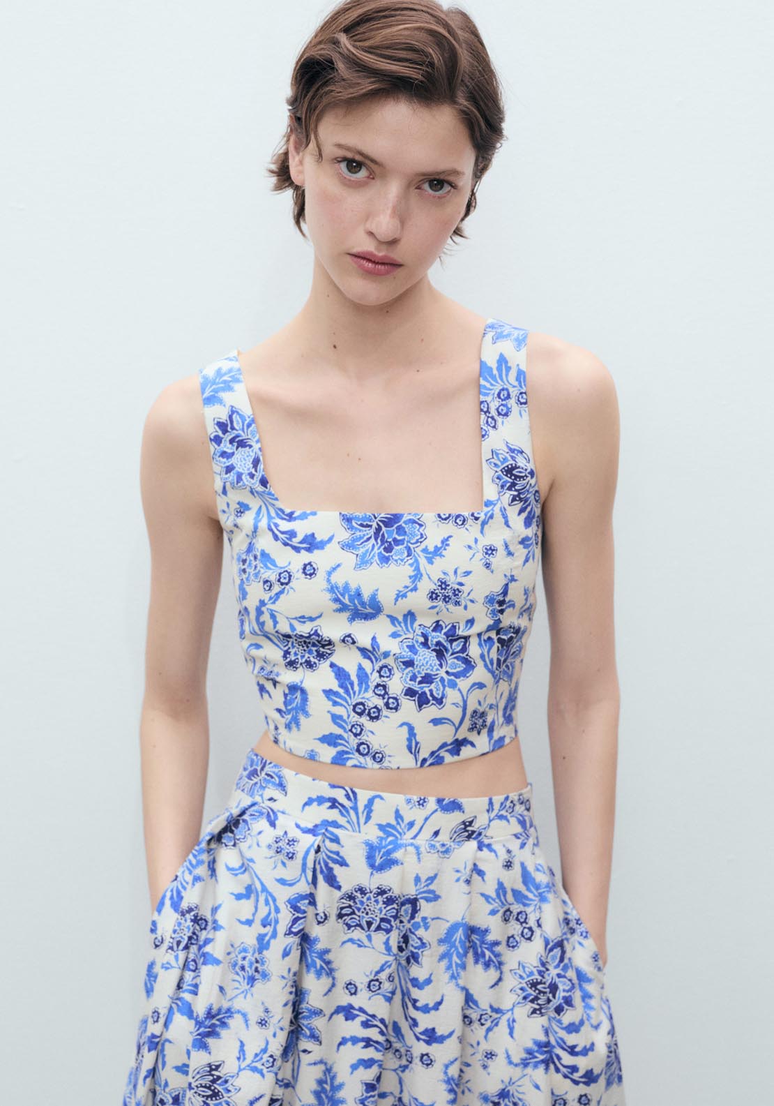Mango Floral Crop Top With Low Neckline - Beige 1 Shaws Department Stores