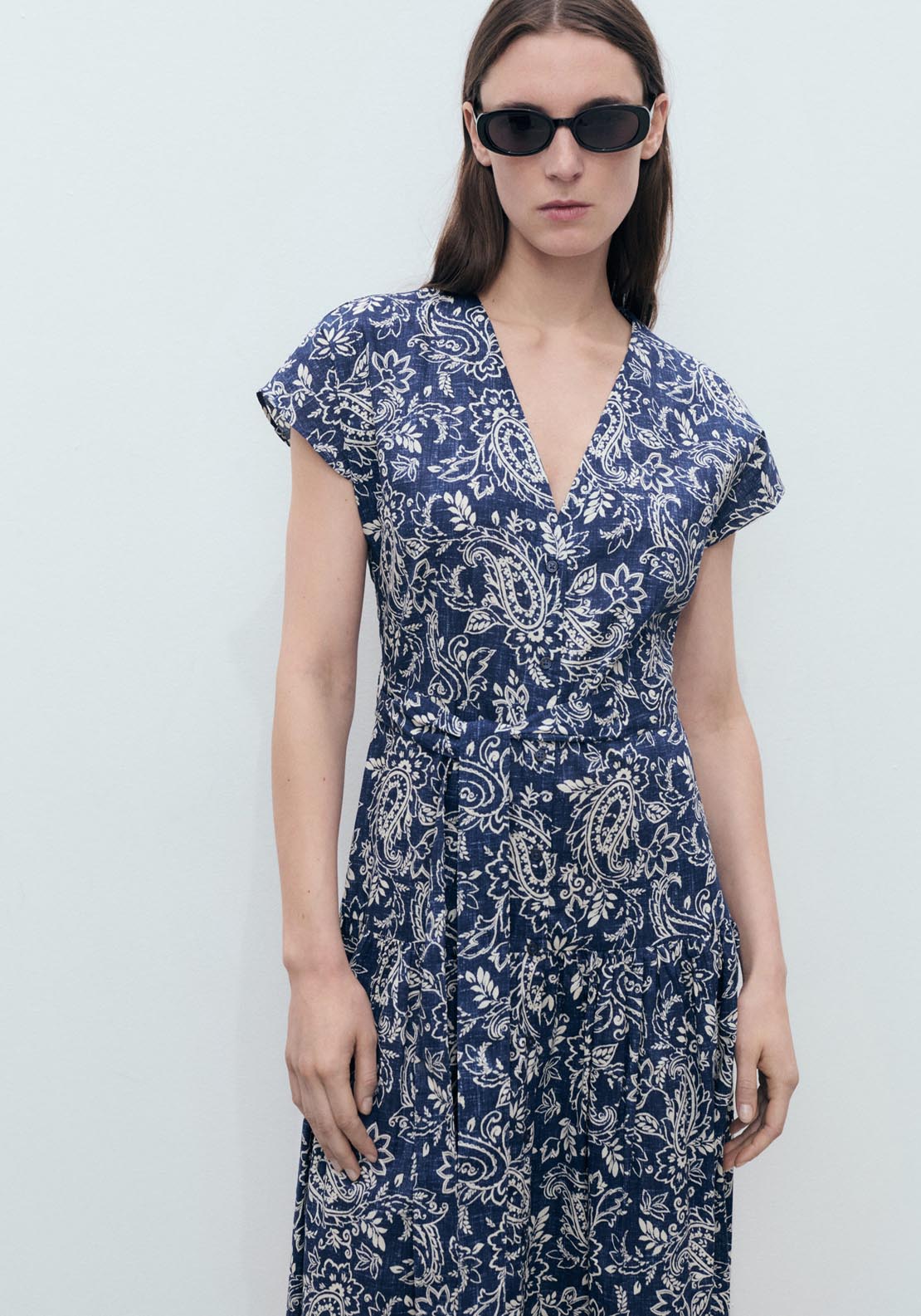 Mango Paisley Flared Dress With Belt - Medium Blue 4 Shaws Department Stores