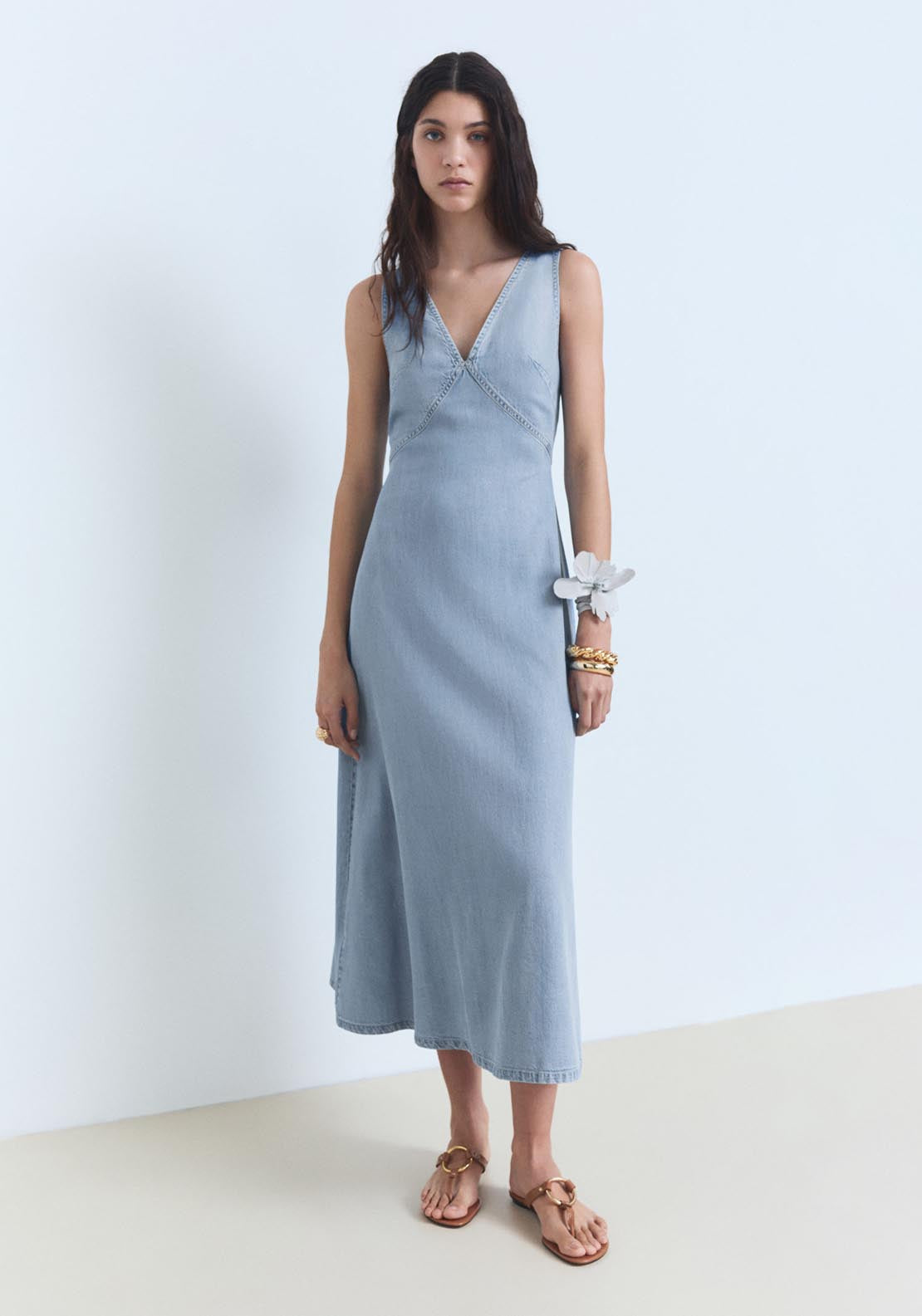 Mango Lyocell V-Neck Midi Dress - Open Blue 1 Shaws Department Stores