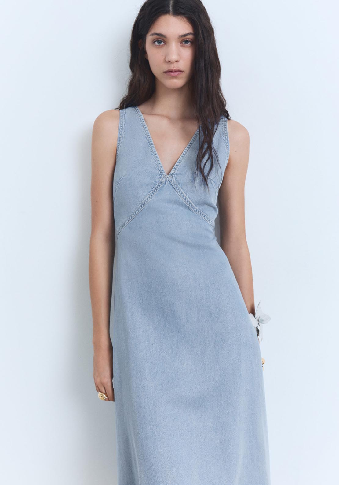Mango Lyocell V-Neck Midi Dress - Open Blue 3 Shaws Department Stores