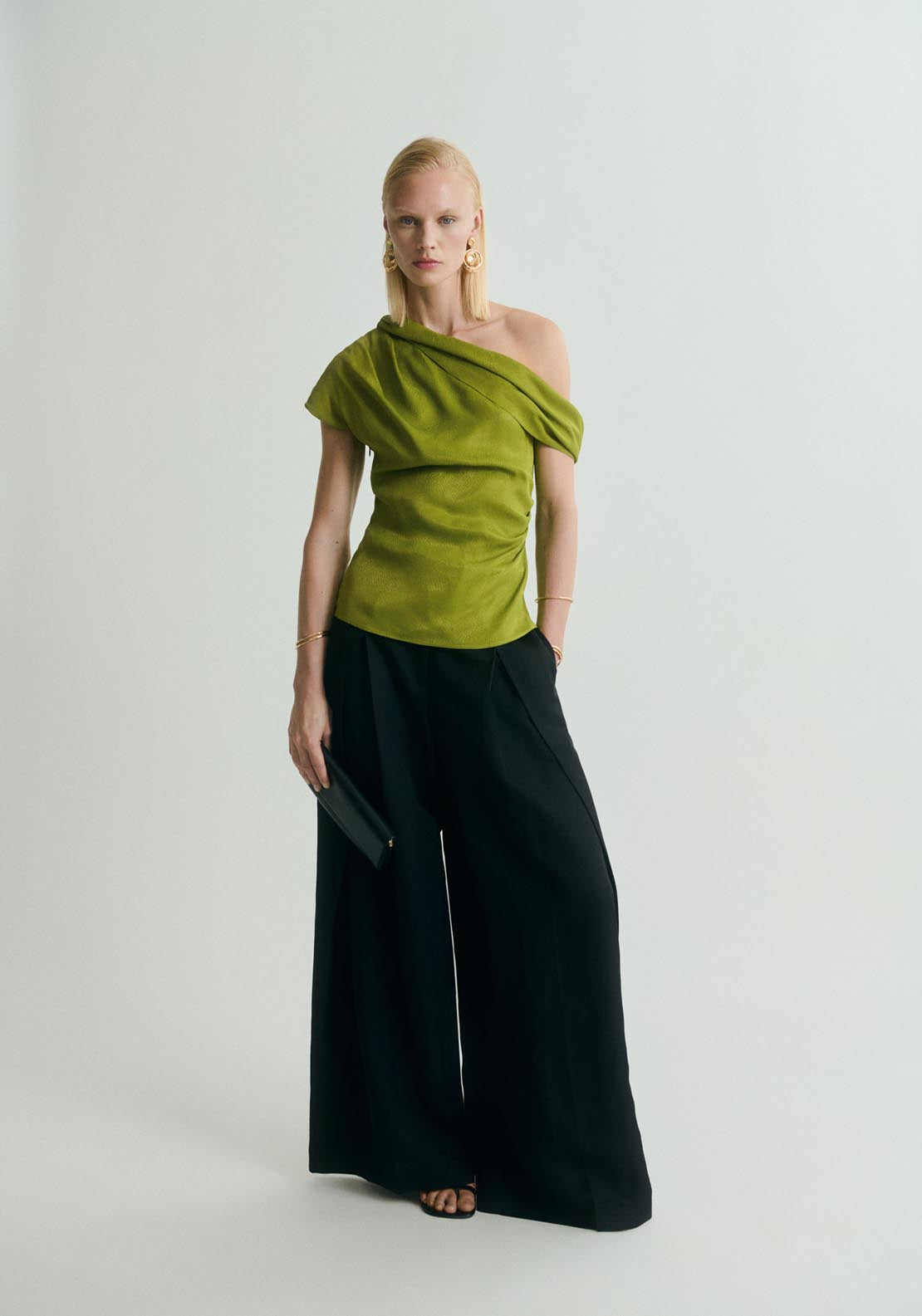 Mango Satin Blouse With Asymmetrical Neck - Green 1 Shaws Department Stores