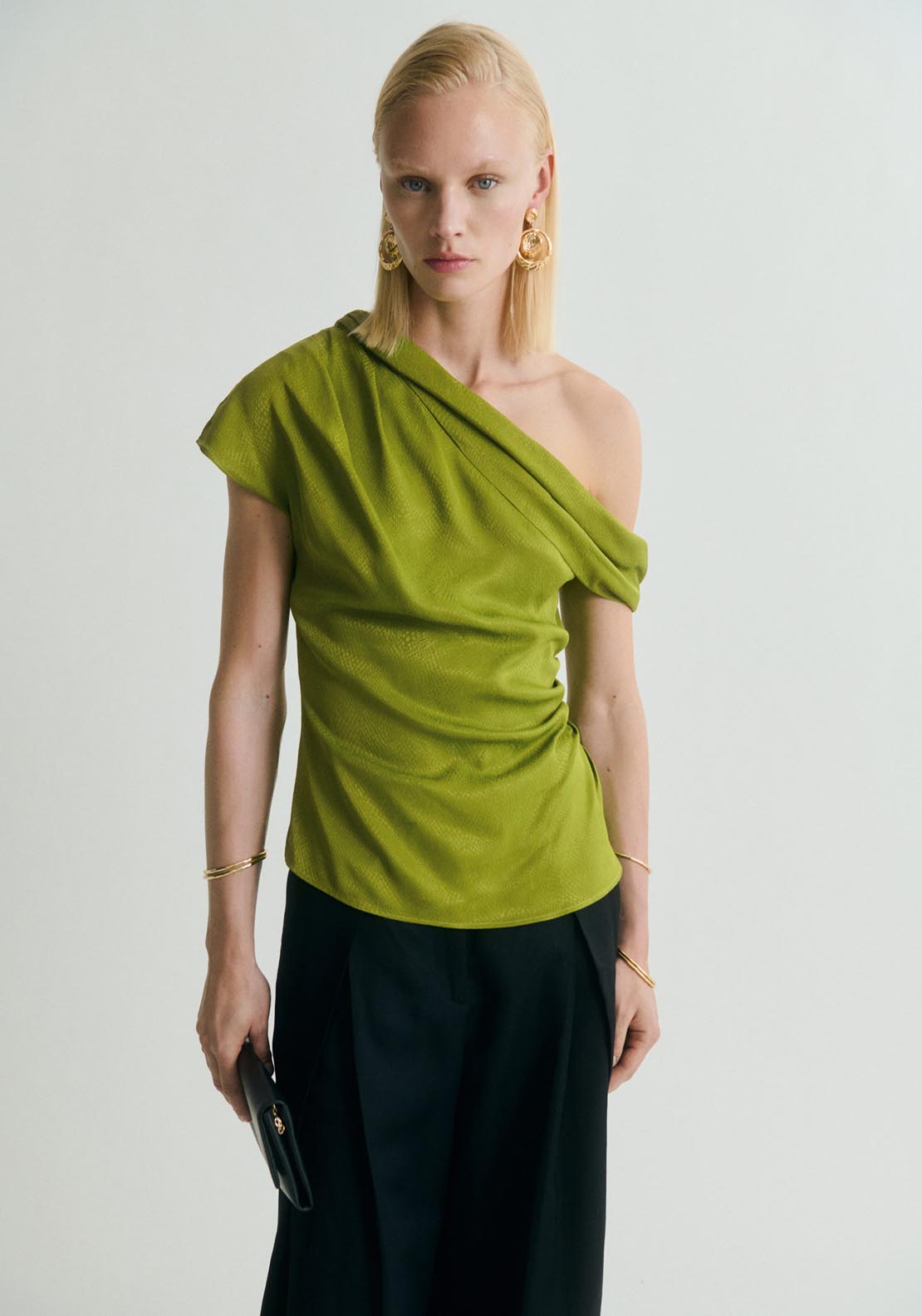 Mango Satin Blouse With Asymmetrical Neck - Green 5 Shaws Department Stores