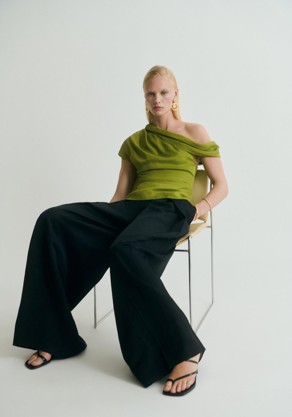Mango Satin Blouse With Asymmetrical Neck - Green 4 Shaws Department Stores