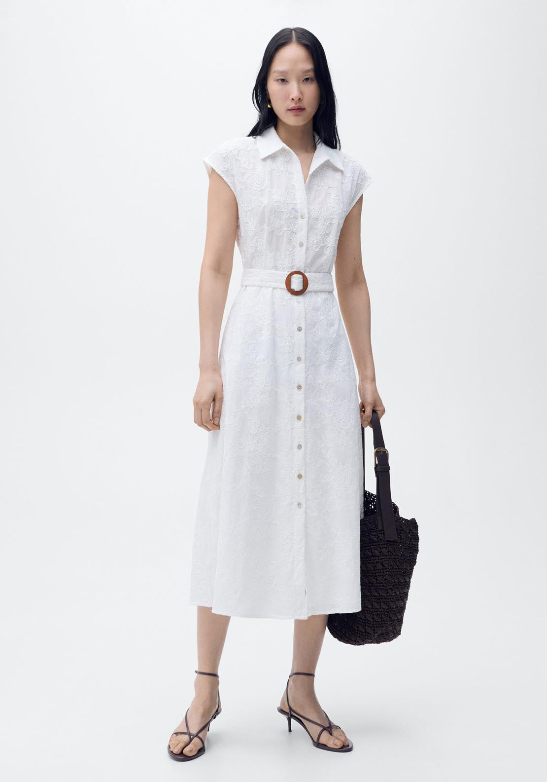 Mango Embroidered Shirt Dress With Belt - White 1 Shaws Department Stores
