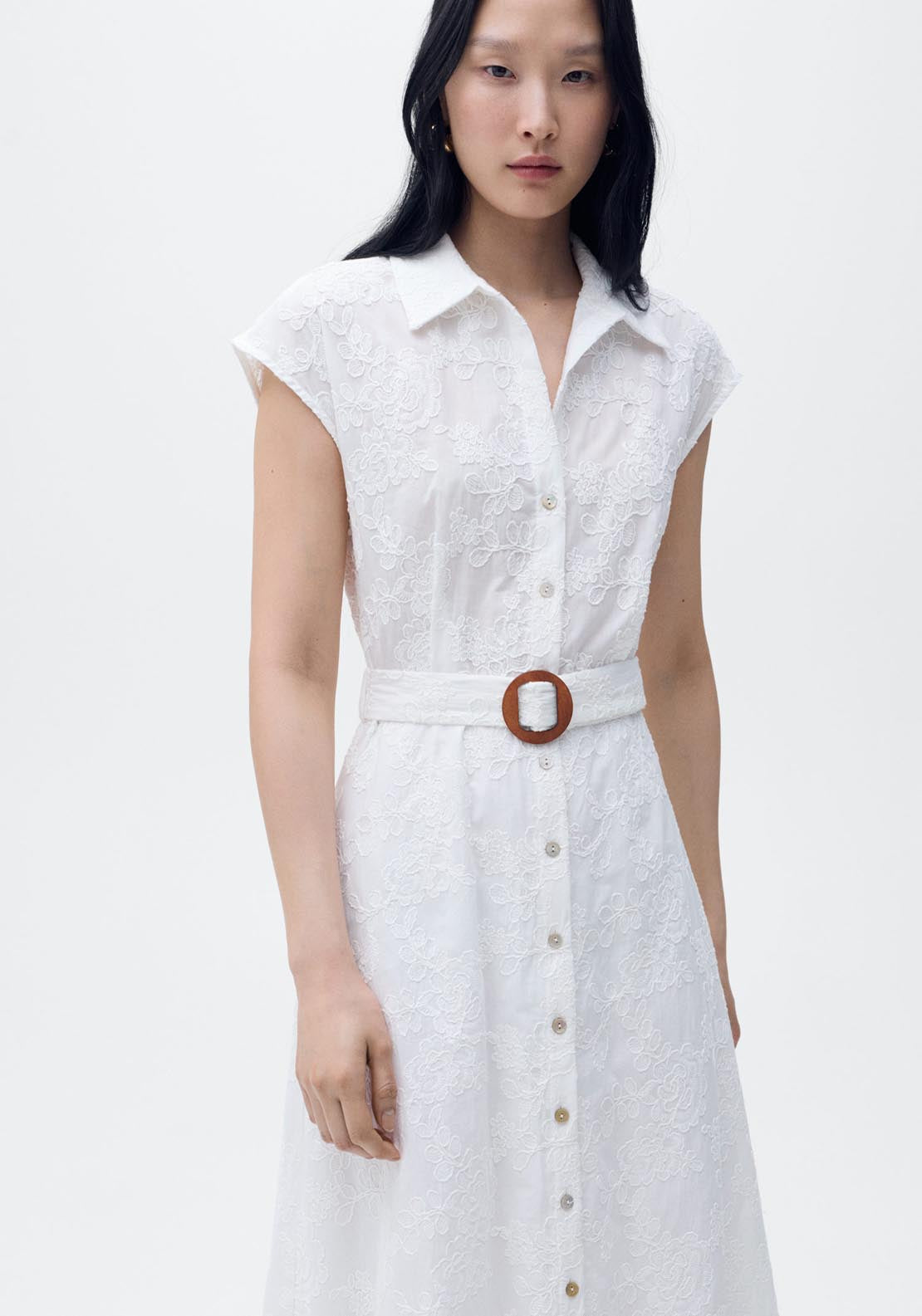 Mango Embroidered Shirt Dress With Belt - White 4 Shaws Department Stores