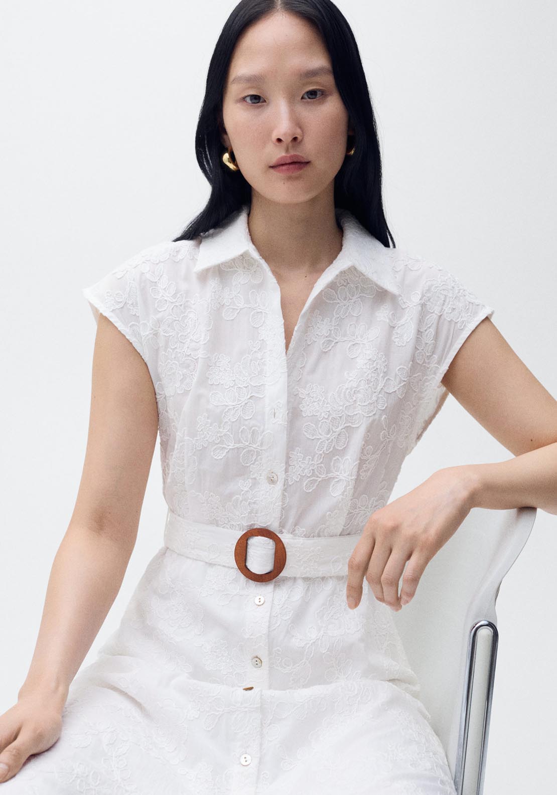 Mango Embroidered Shirt Dress With Belt - White 5 Shaws Department Stores