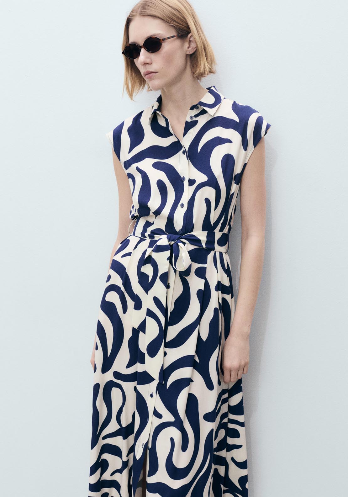 Mango Printed Shirt Dress With Belt - Medium Blue 3 Shaws Department Stores