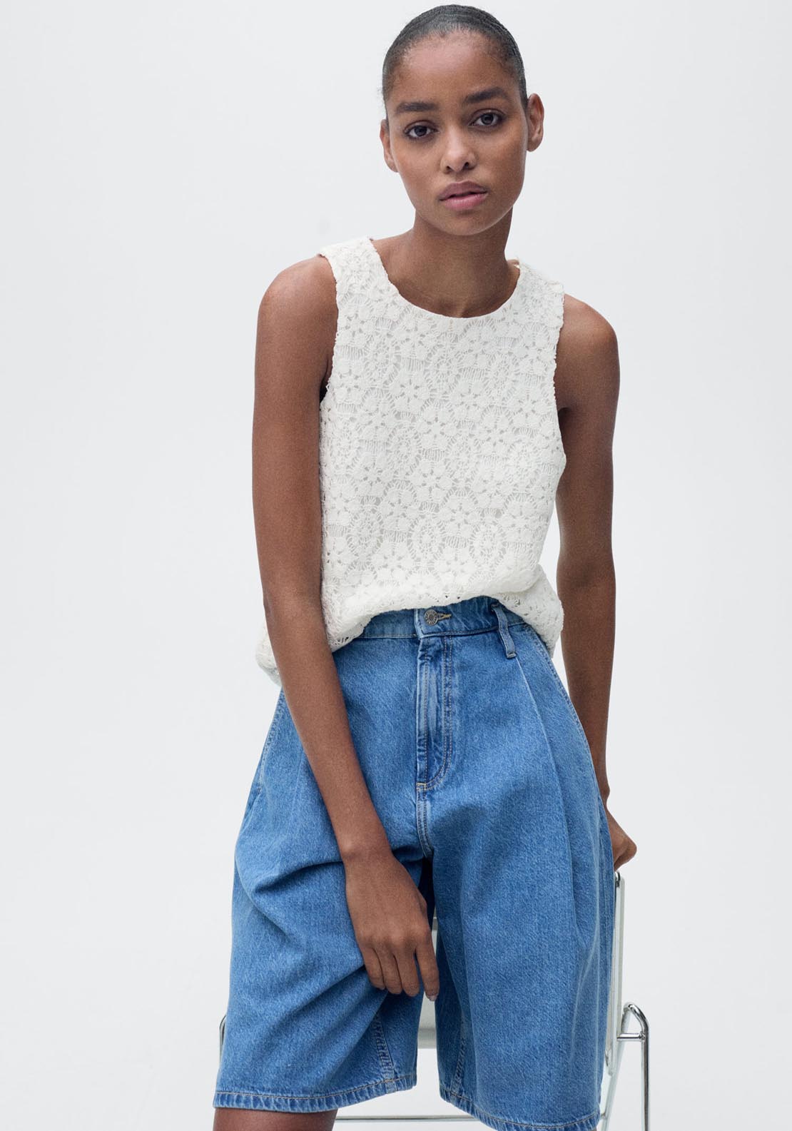Mango Straight-Fit Crochet Top - Beige 1 Shaws Department Stores